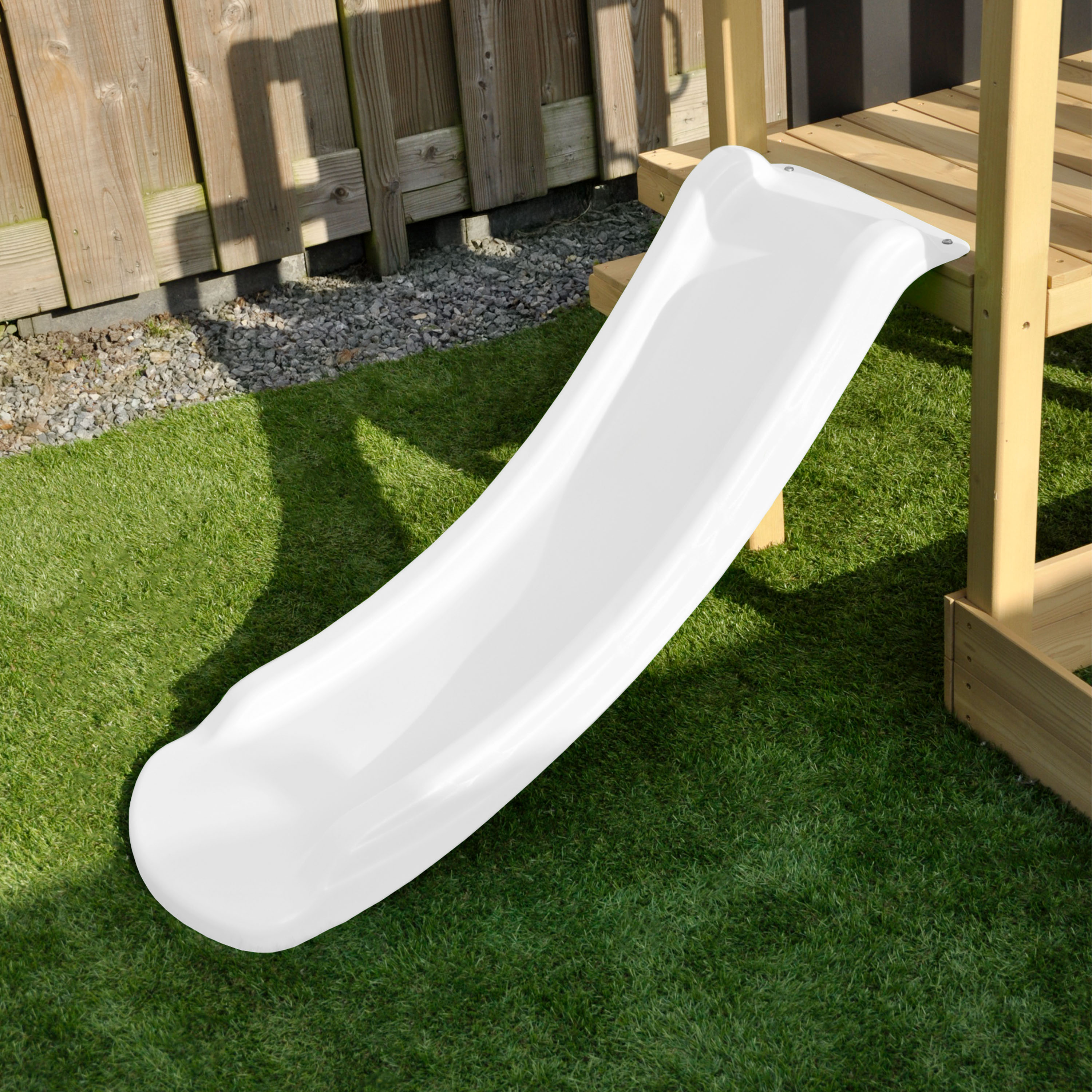 AXI Leah Mini Wooden Playtower with Sandbox, Picnic Table & Chalkboard – White Slide