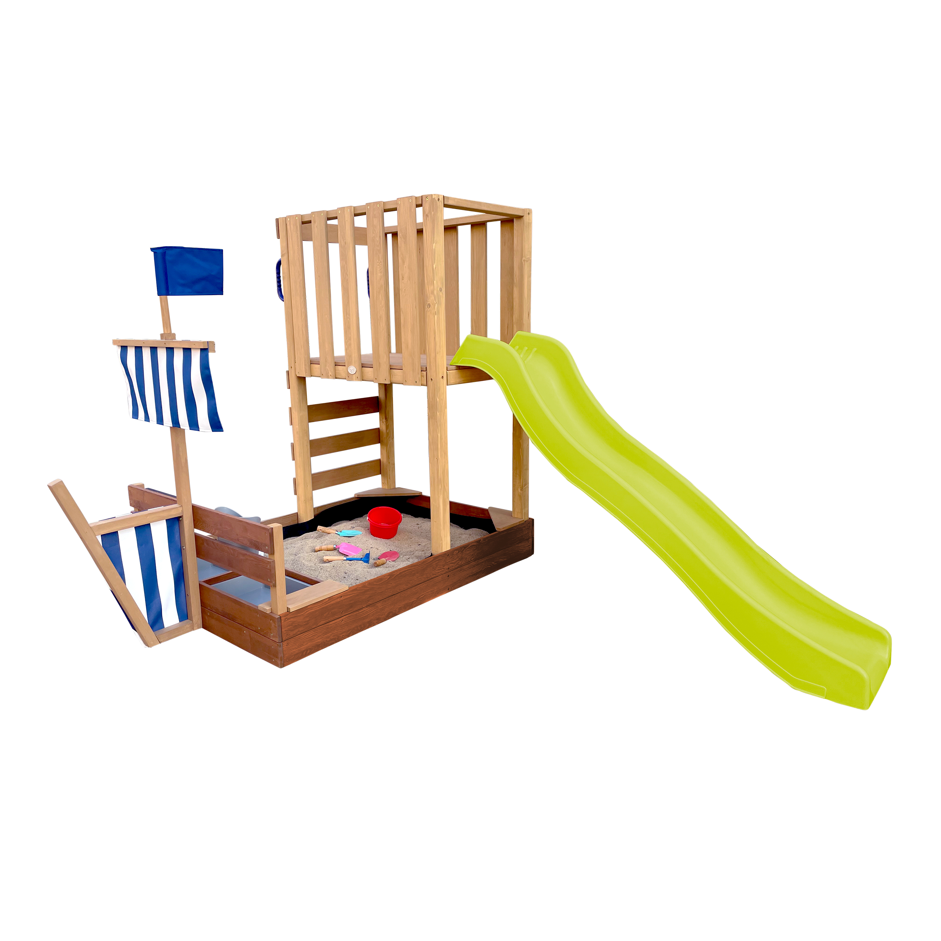 AXI Vicky Climbing Frame with Sandbox. Play Kitchen & Chalkboard – Lime Green Slide