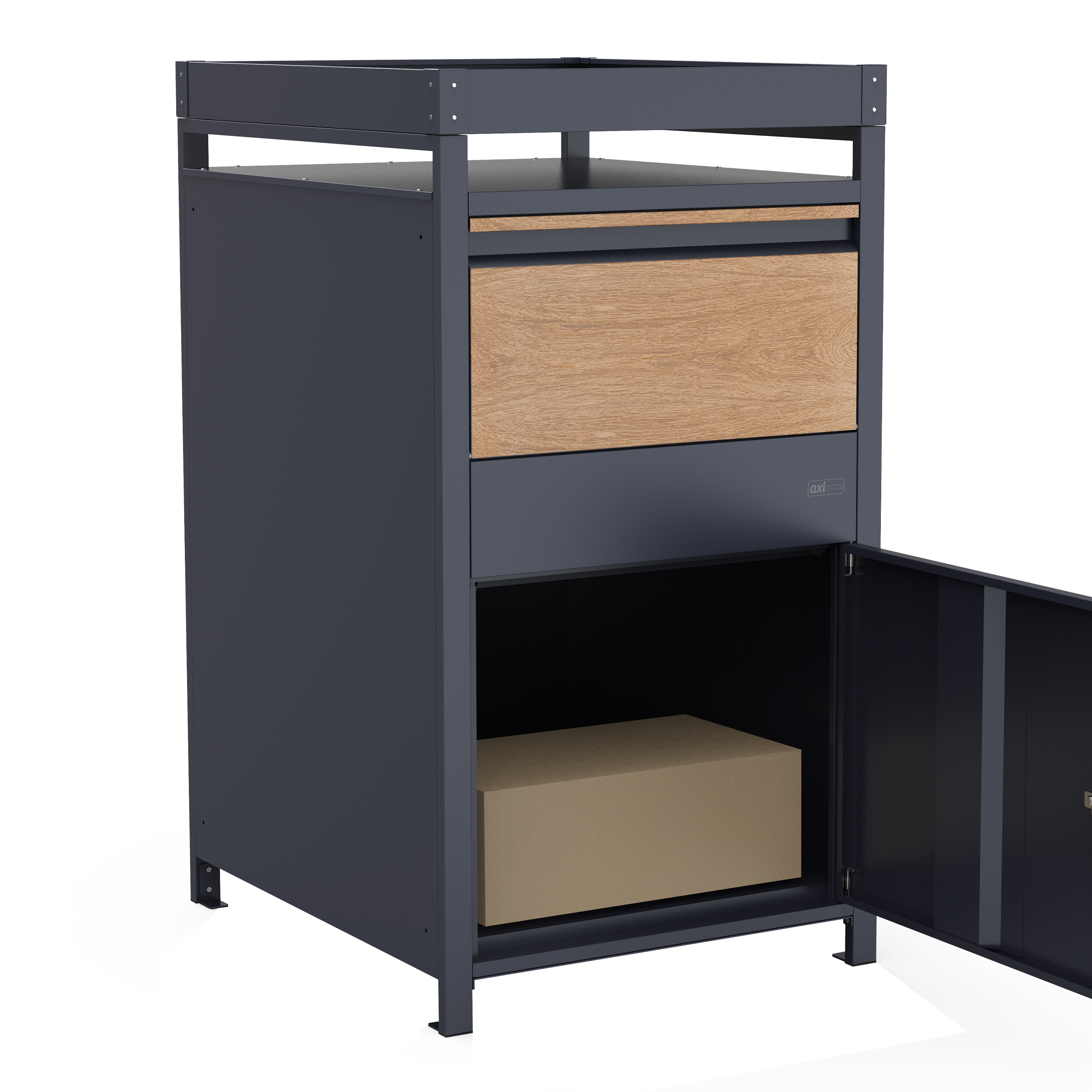 AXI Leon Bin Storage with Louis Parcel Postbox Anthracite/Wood Look – 2 Garbage Bins