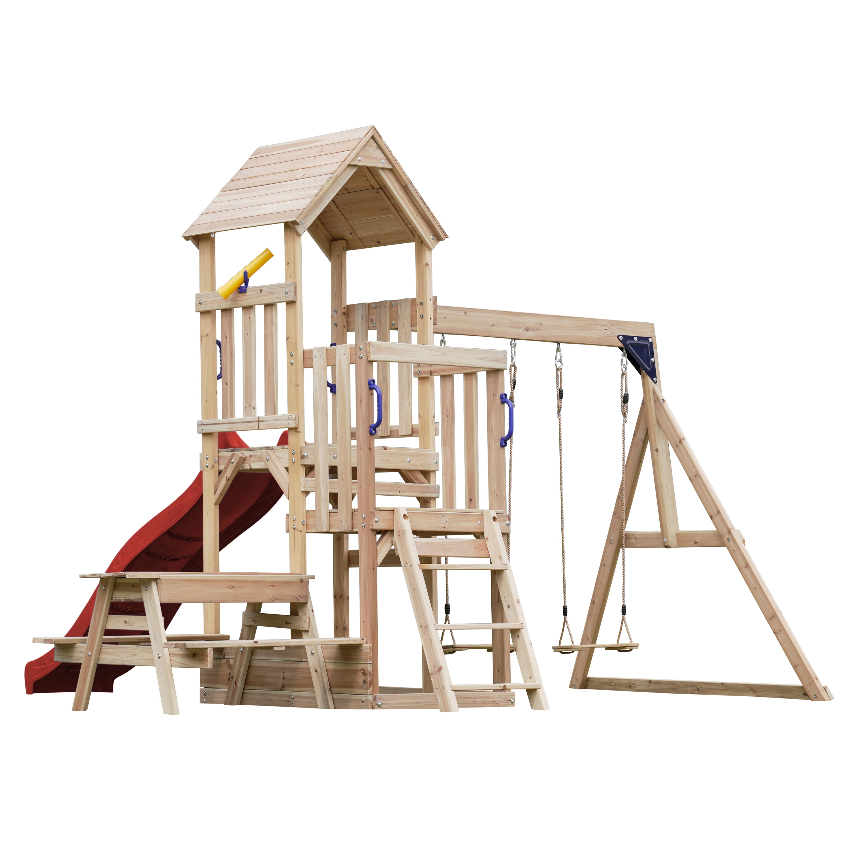 AXI Mette Climbing Frame with Double Swing Set and Picnic Table - Red Slide