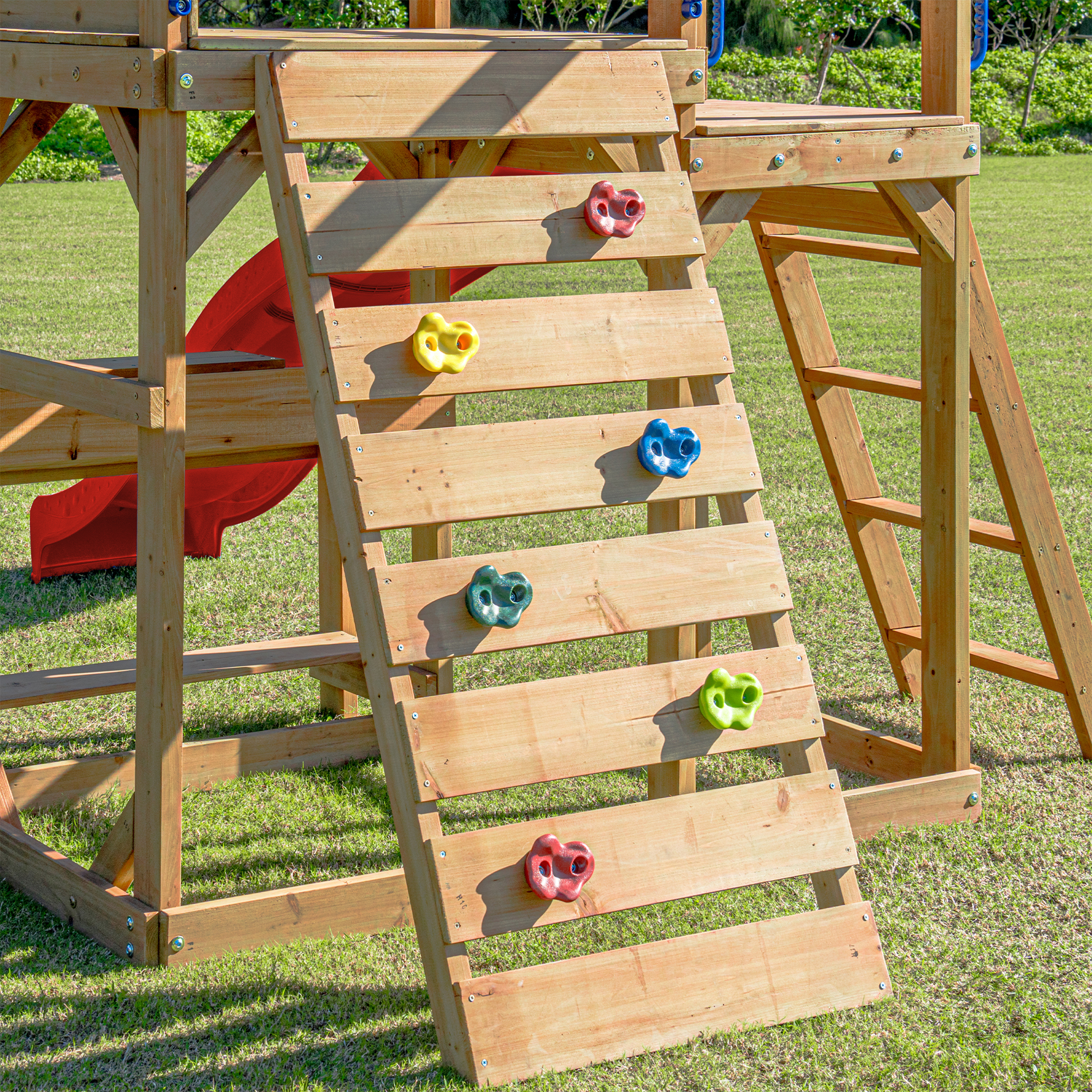 AXI Mitch Climbing Frame with Double Swing, Trapeze and Lookout Tower – Red Slide