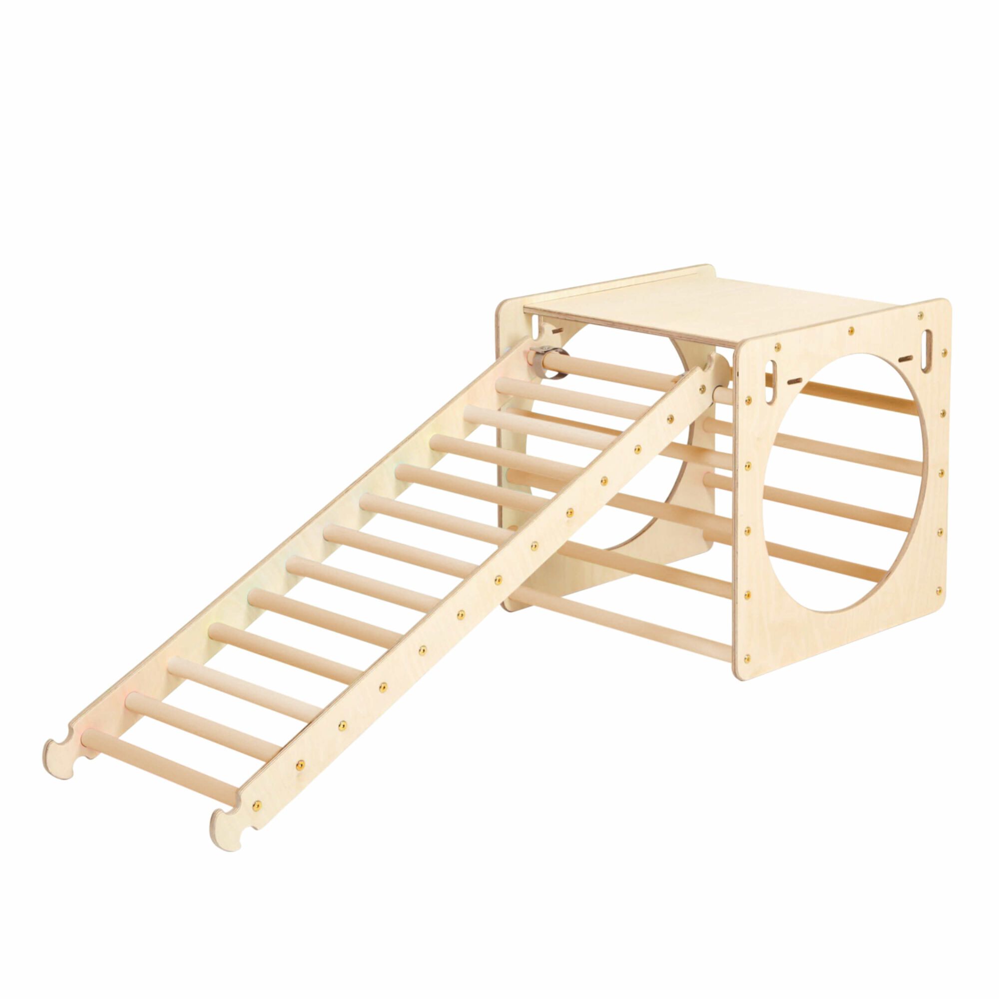 KateHaa Wooden Activity Cube with Ladder and Climbing Wall - Natural