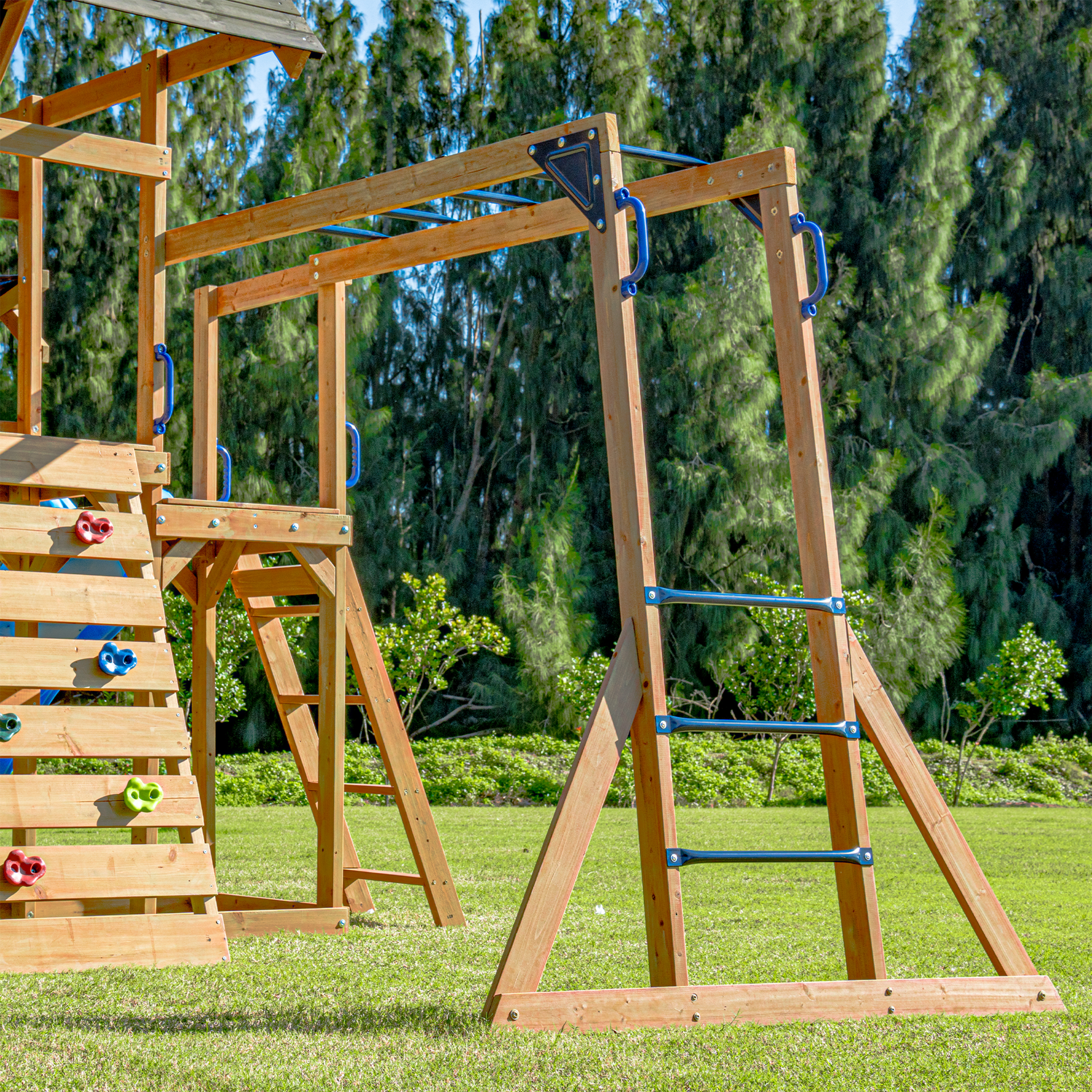 AXI Mitch Climbing Frame with Double Swing, Trapeze and Lookout Tower – Red Slide