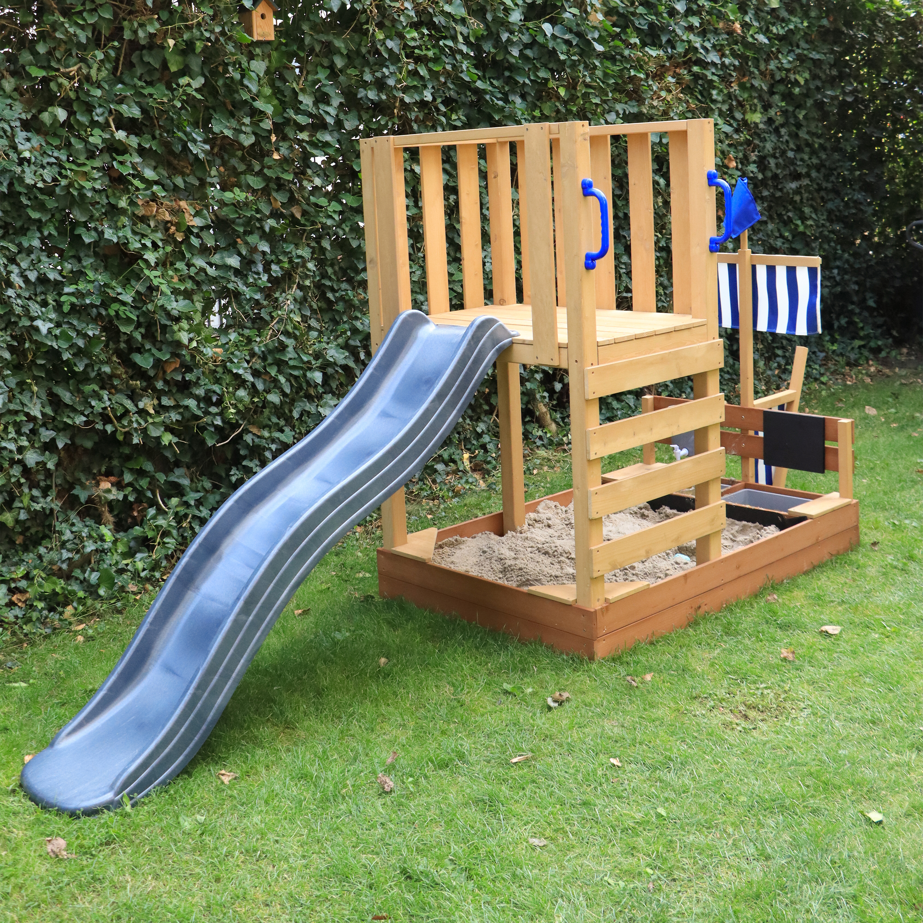 AXI Vicky Climbing Frame with Sandbox, Play Kitchen & Chalkboard – Grey Slide