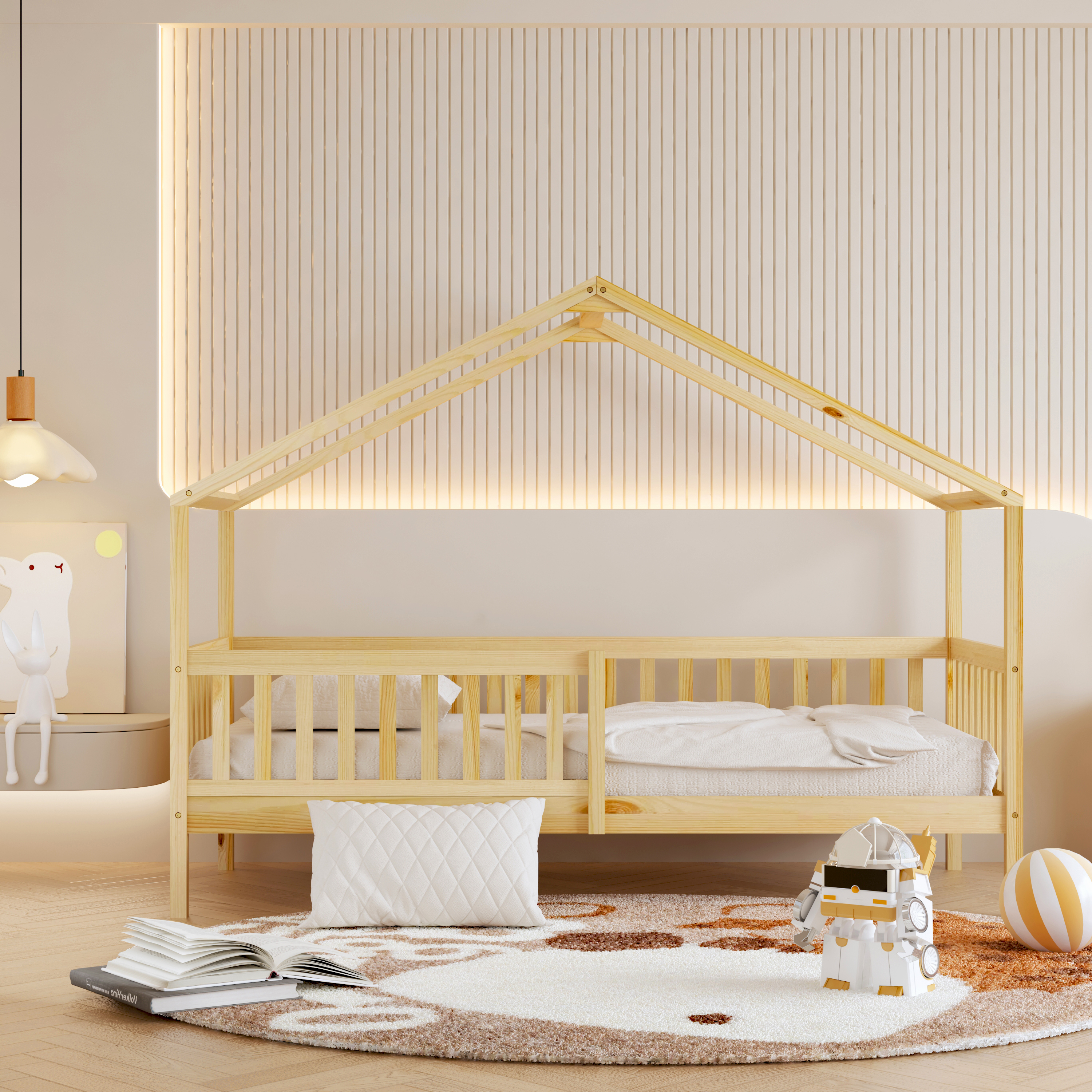 Sunny Kae House Bed with Guardrail Natural – With Mattress