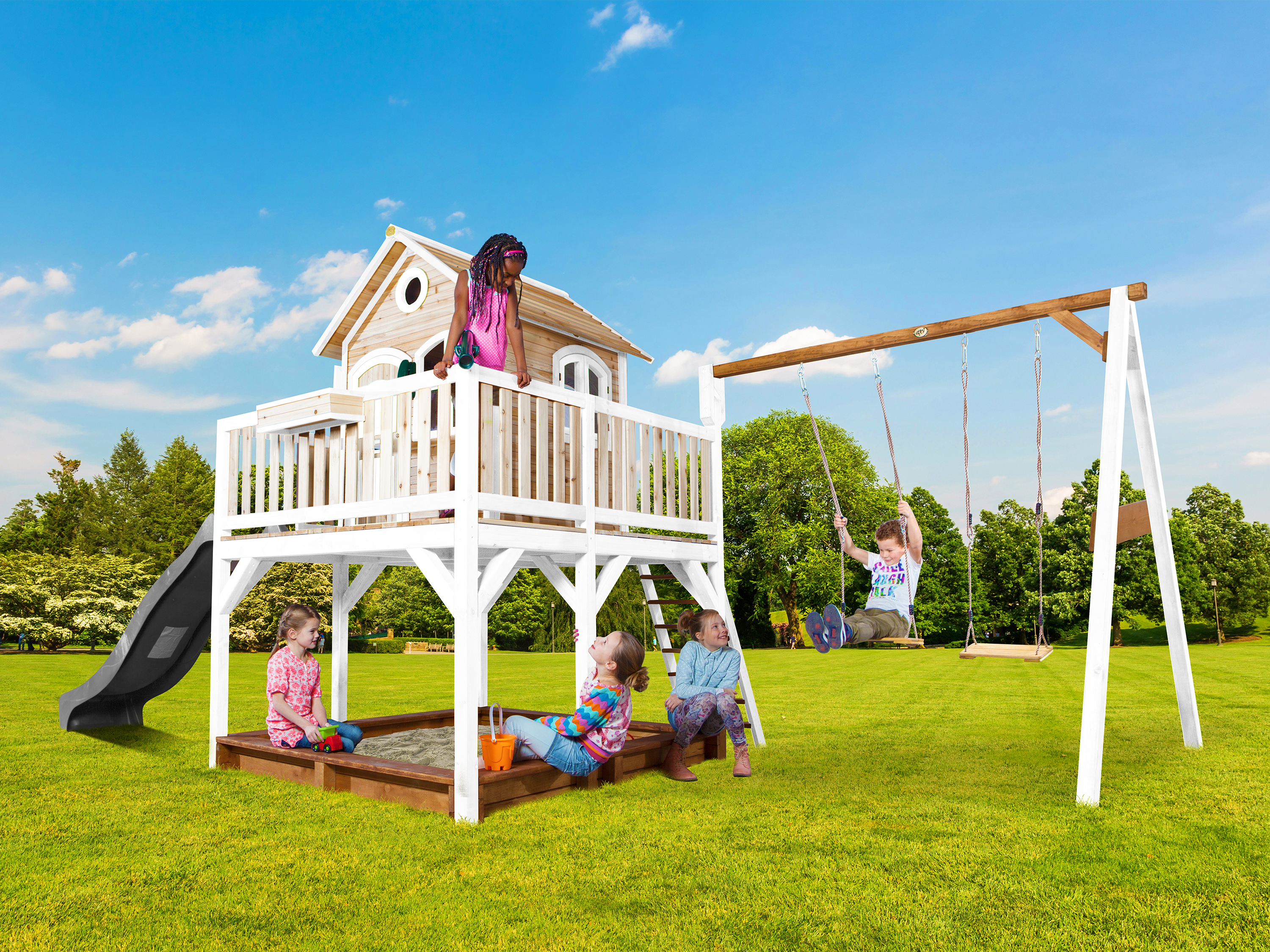 AXI Liam Playhouse with Double Swing Set Brown/White - Grey Slide