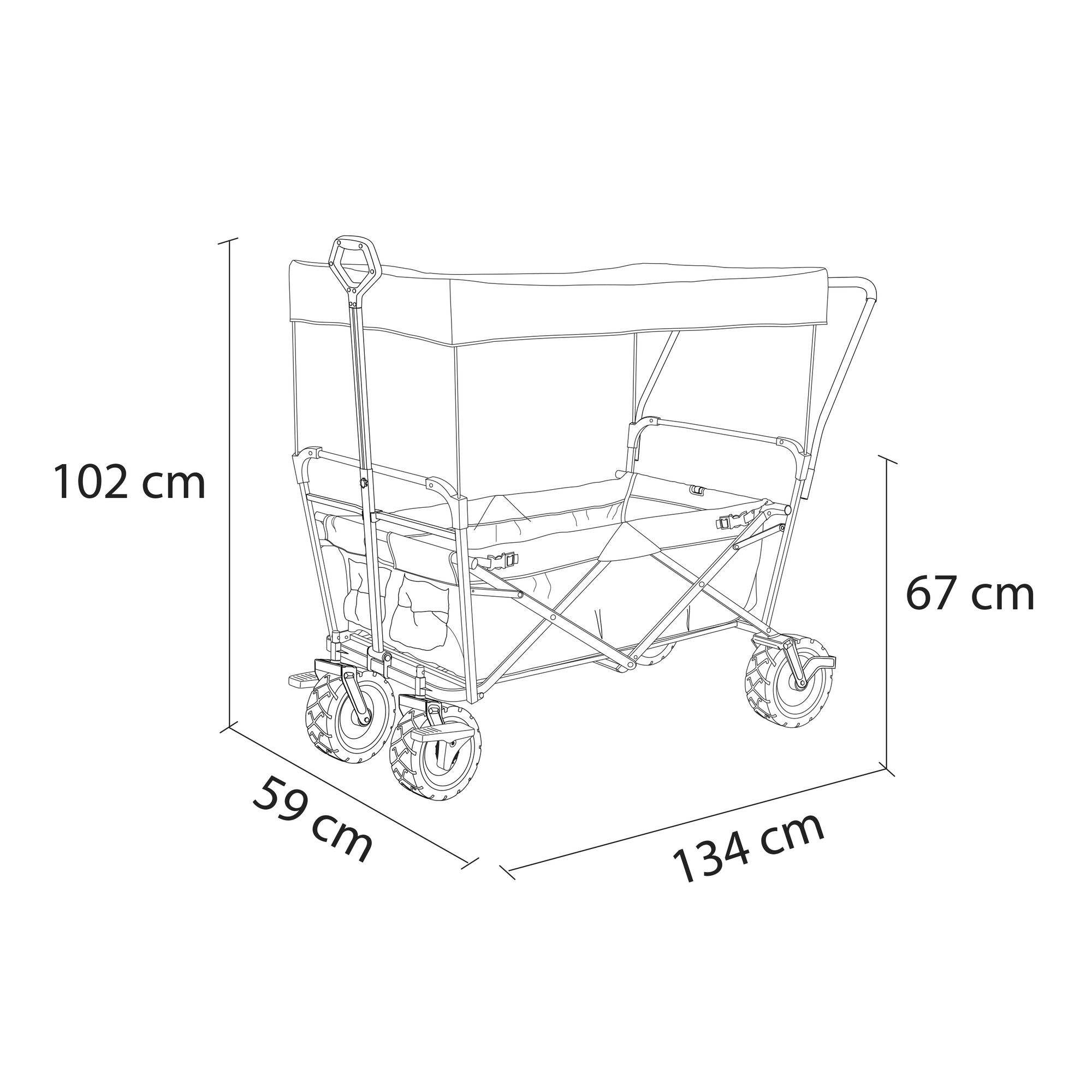 maattekening AXI AB210 Opvouwbare Bolderwagen met dak, tas, rem en duwstang Blauw