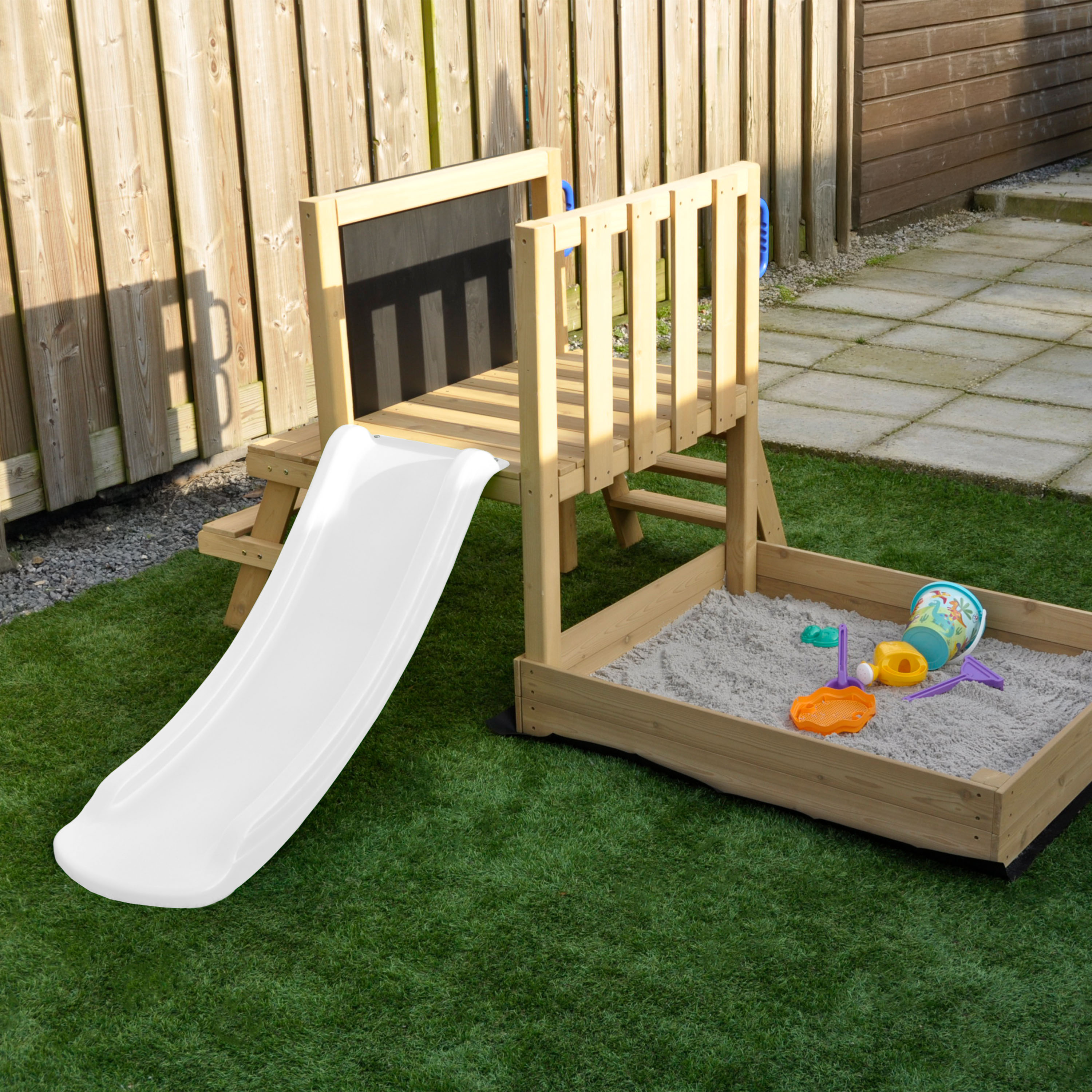 AXI Leah Mini Wooden Playtower with Sandbox, Picnic Table & Chalkboard – White Slide