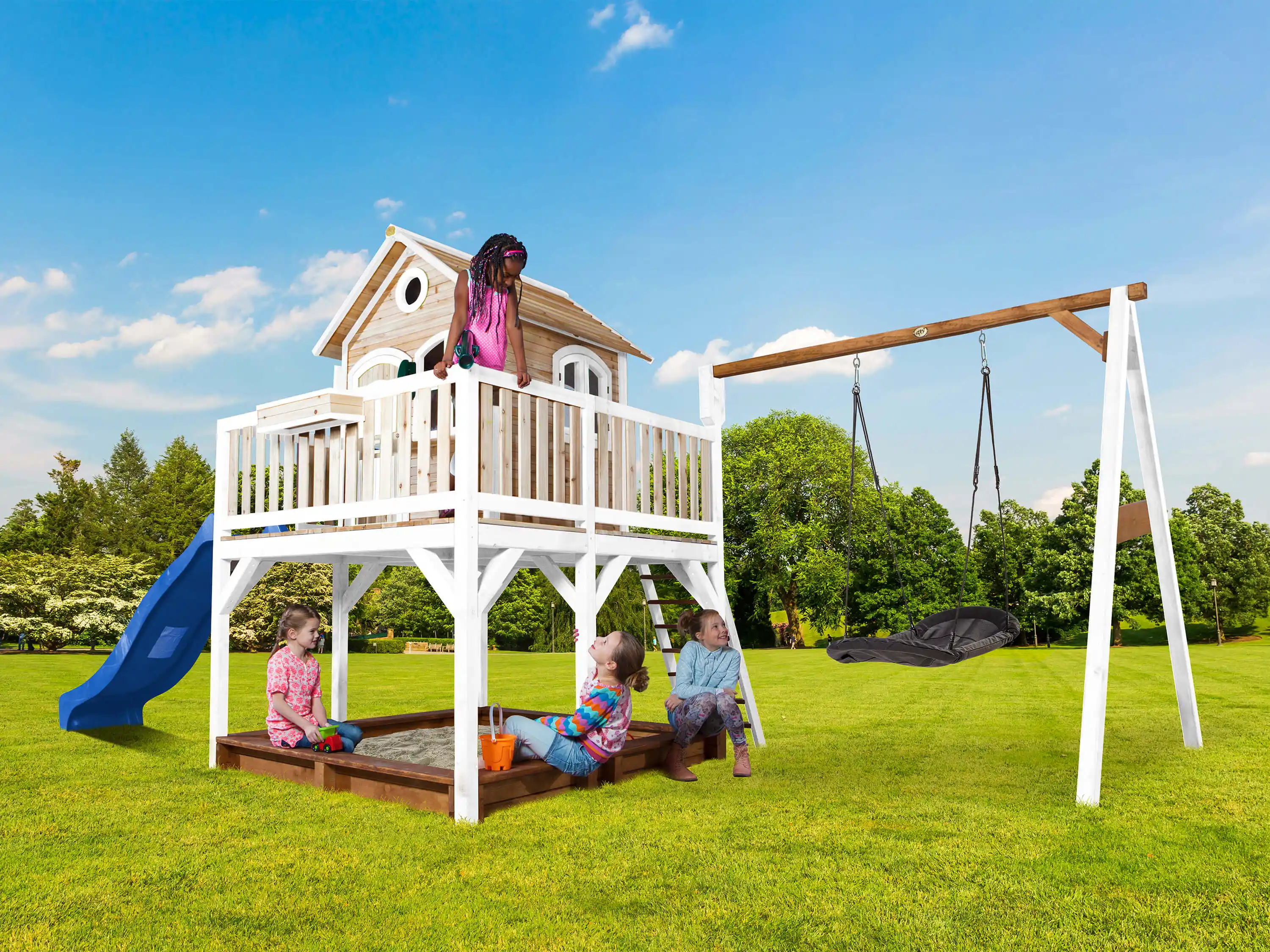 AXI Liam Playhouse with Roxy Nest Swing Set Brown/White - Blue Slide