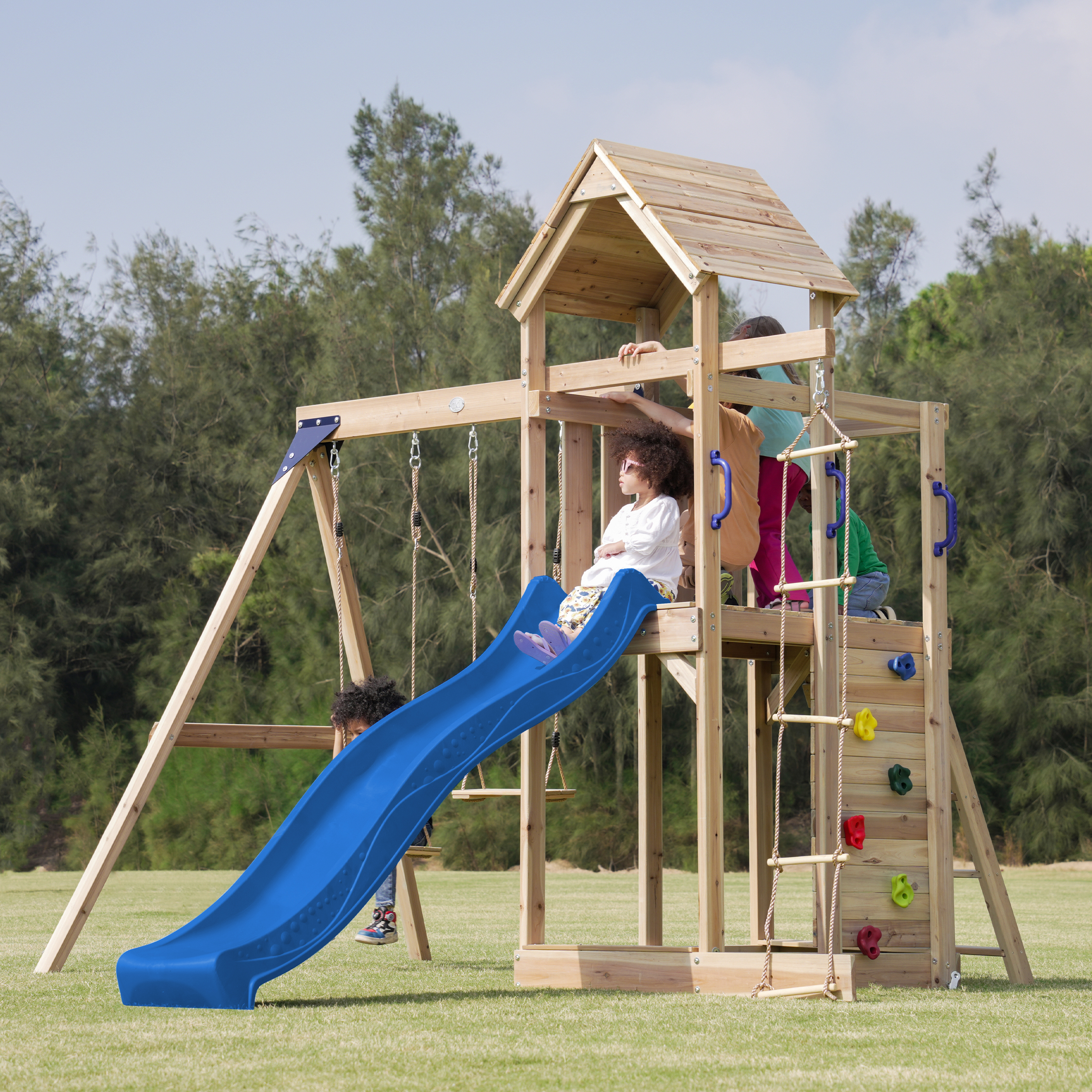 AXI Moos Climbing Frame with Double Swing Set - Blue Slide