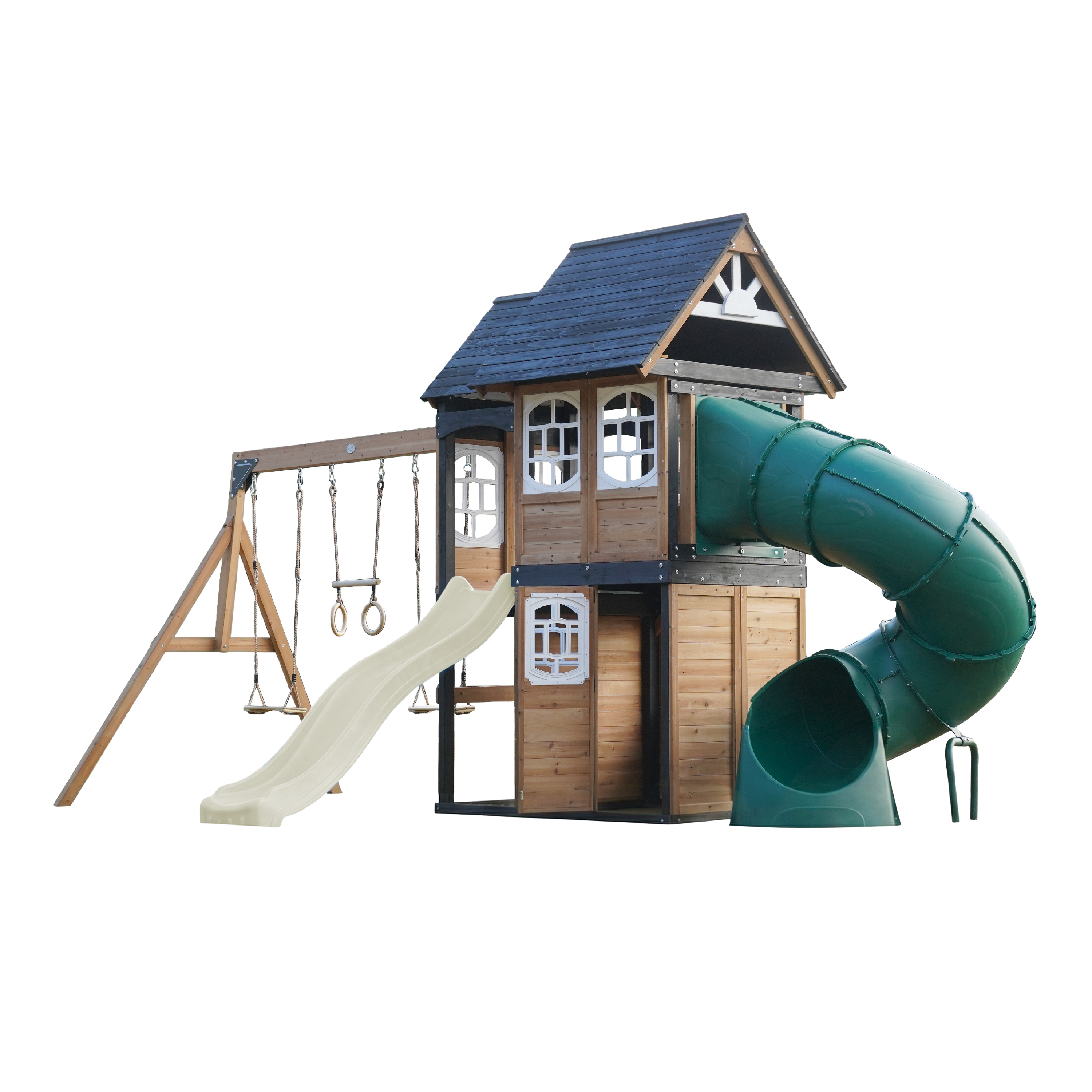 AXI Noud Climbing Frame with Playhouse, Swings, Trapeze and Climbing Wall – Cream Slide and Tube Slide