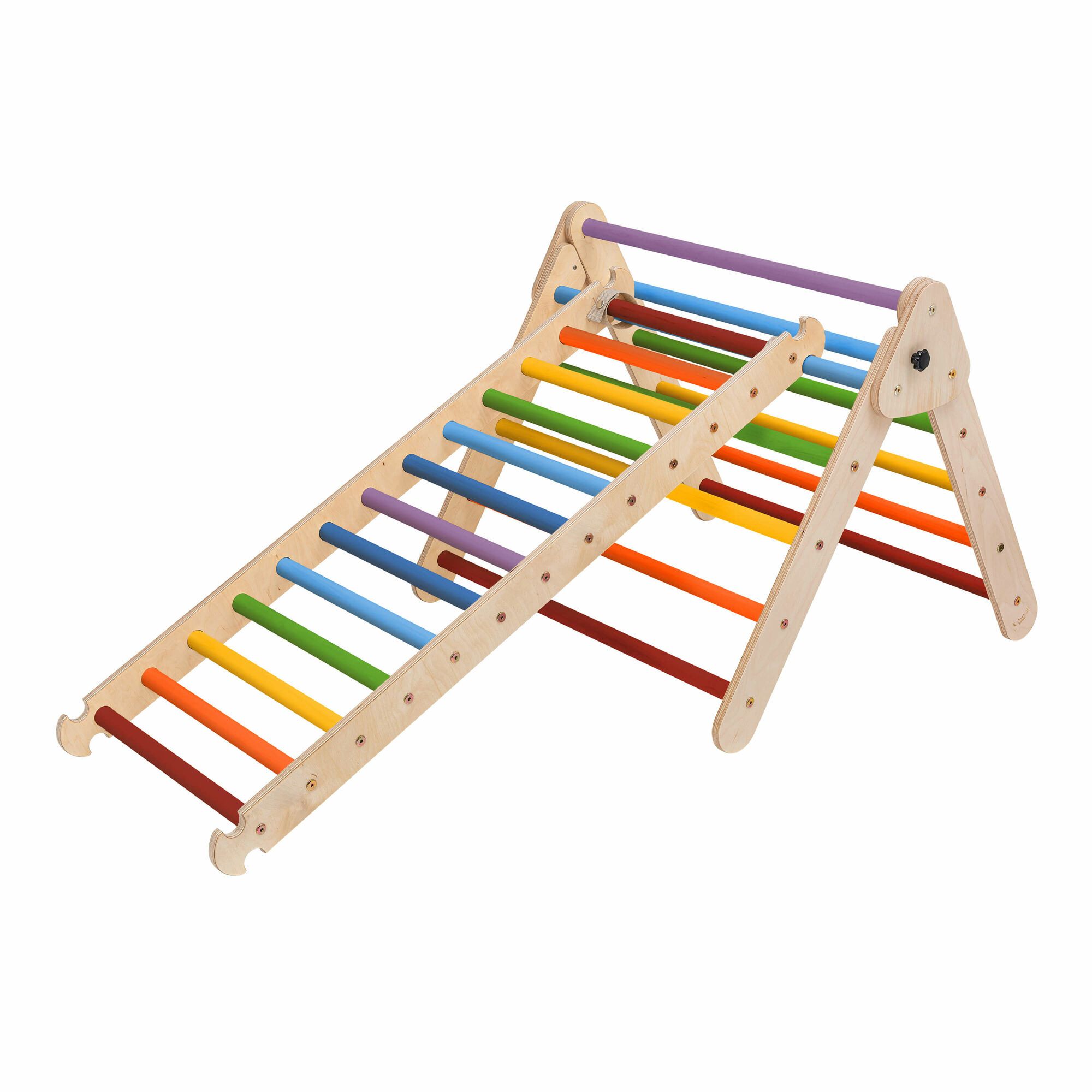 KateHaa Wooden Climbing Triangle with Ladder and Climbing Wall - Rainbow