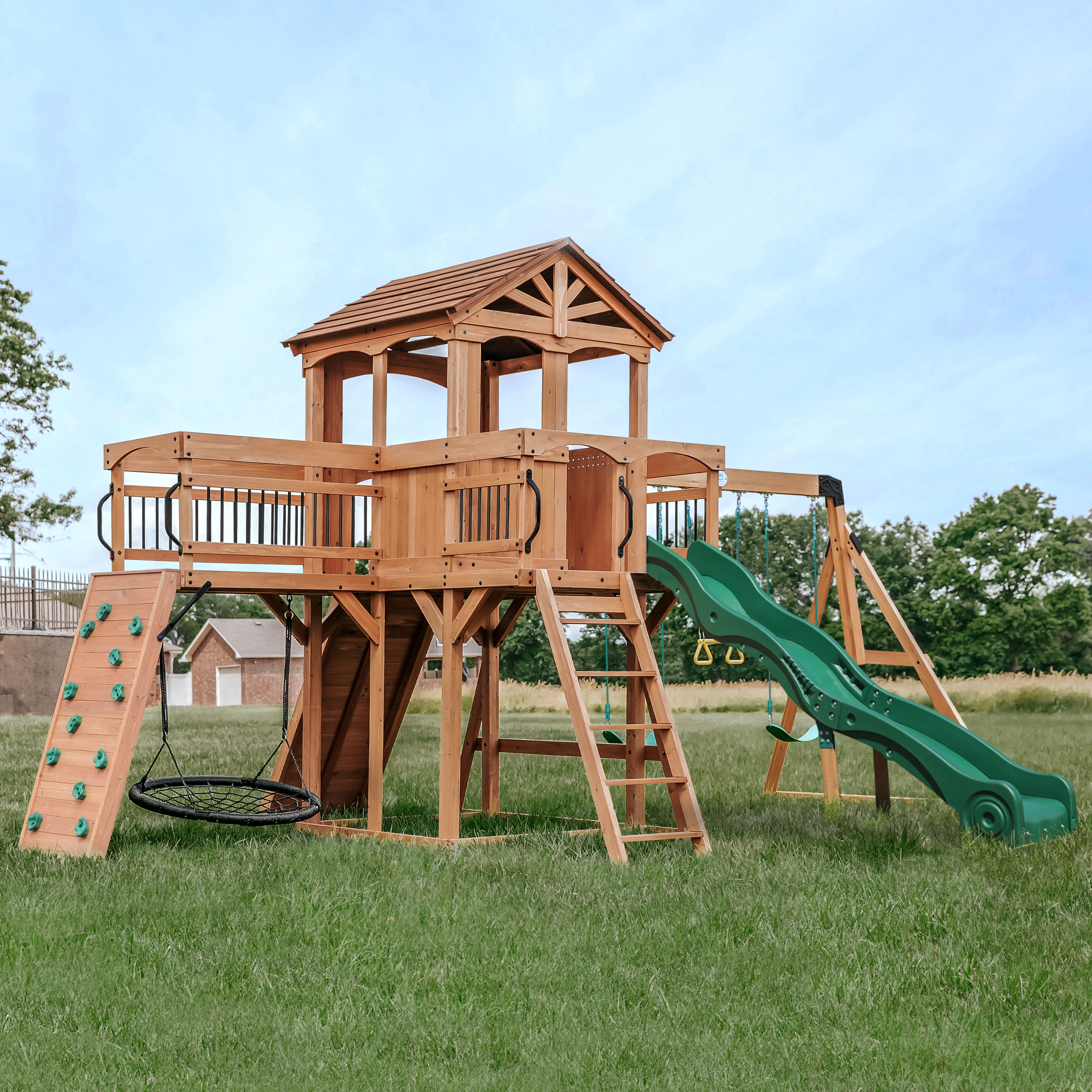 Backyard Discovery Sterling Point Play Set with 3 Swings and Slide - Climbing Wall & Rock Wall - Trapeze - Sandbox - Walkway