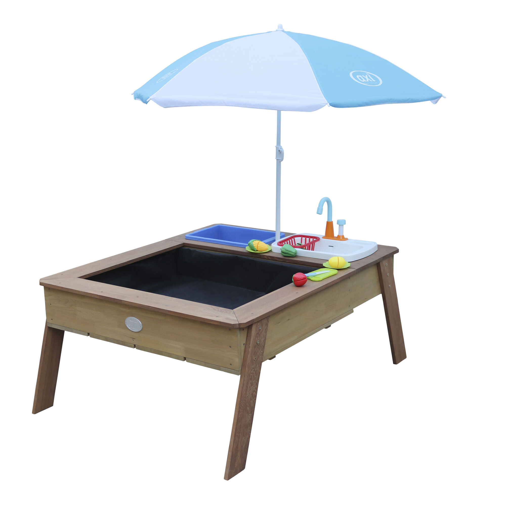 productfoto AXI Linda Zand & Water Tafel met Speelkeuken wastafel Bruin Parasol Blauw/wit