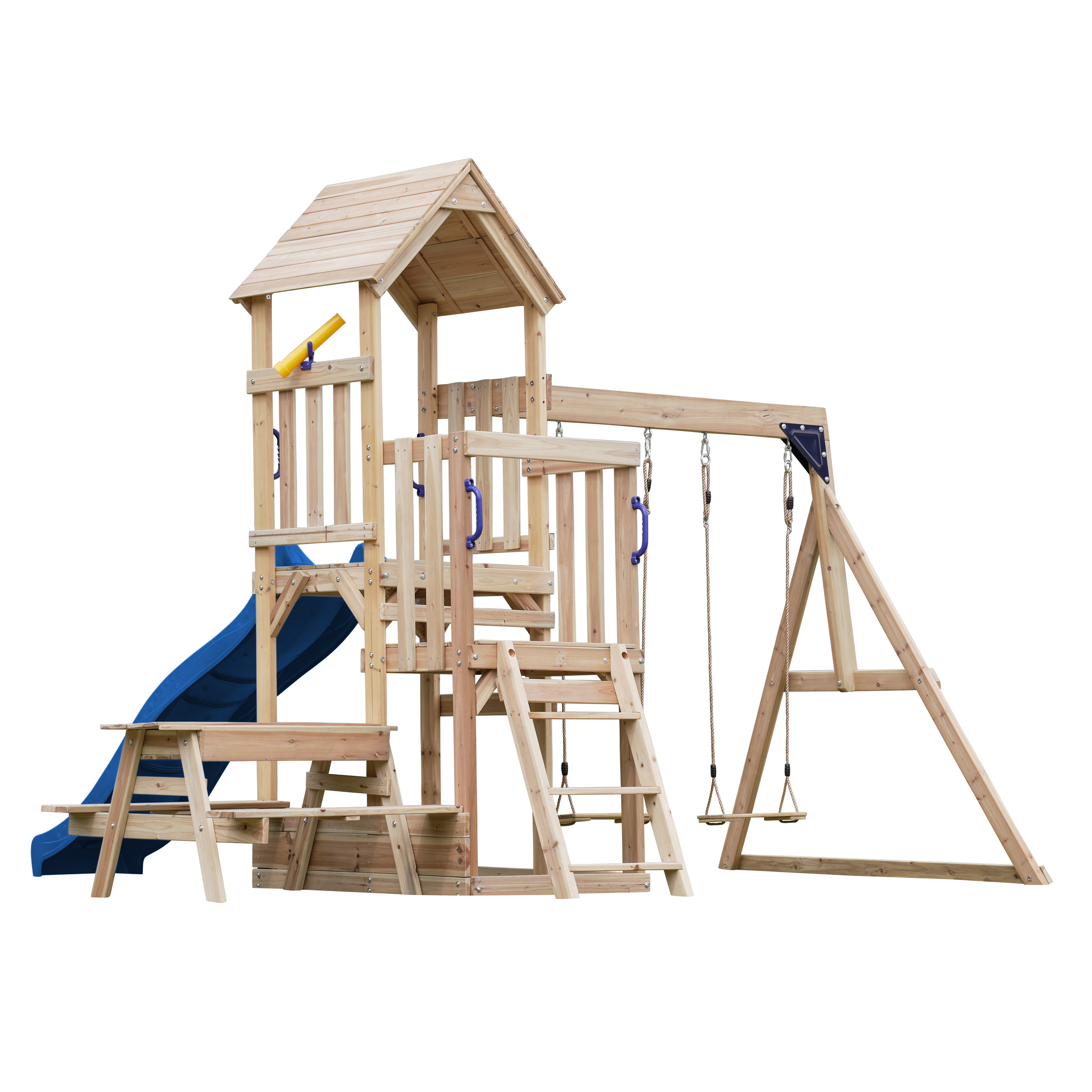 AXI Mette Climbing Frame with Double Swing Set and Picnic Table - Blue Slide