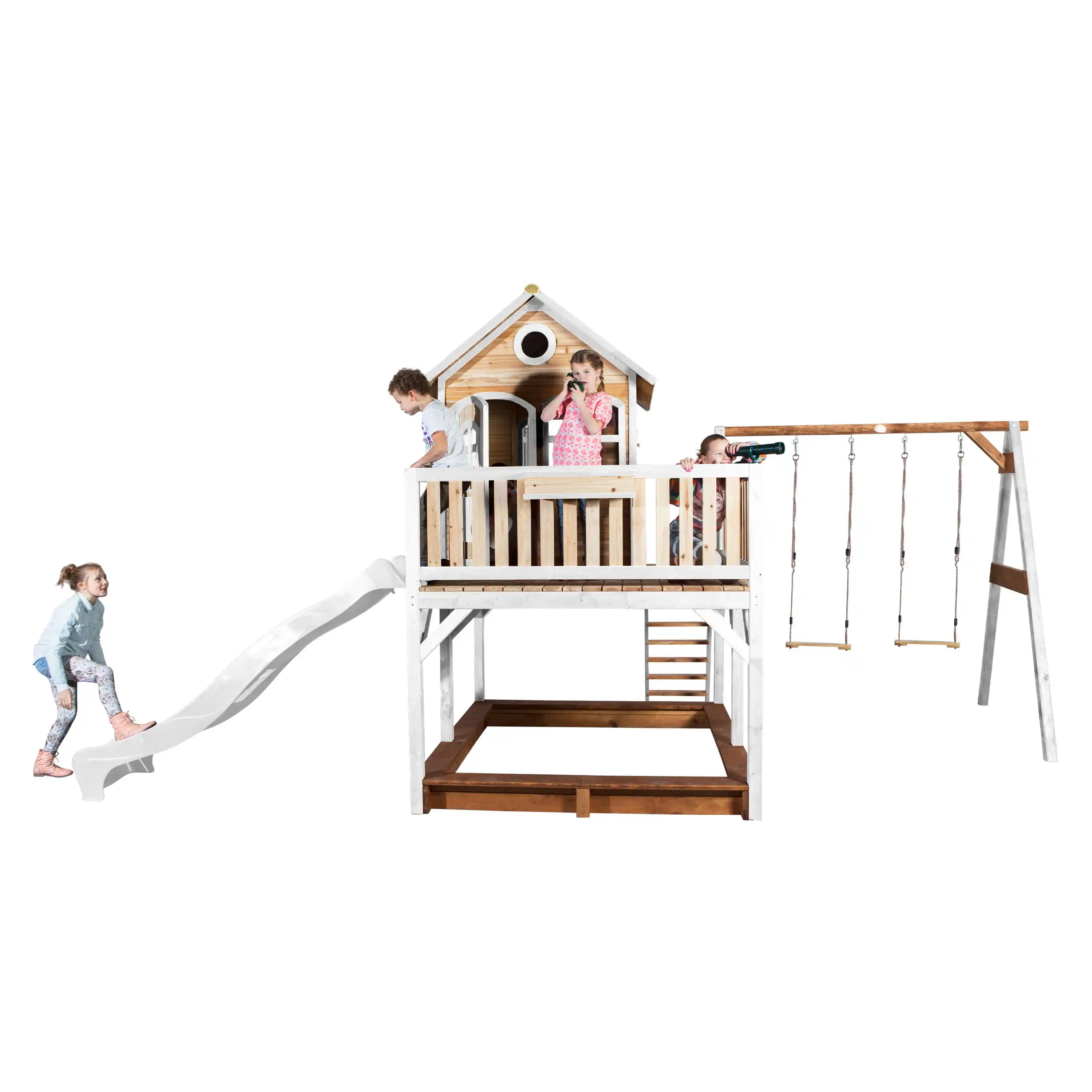 AXI Liam Playhouse with Double Swing Set Brown/White - White Slide