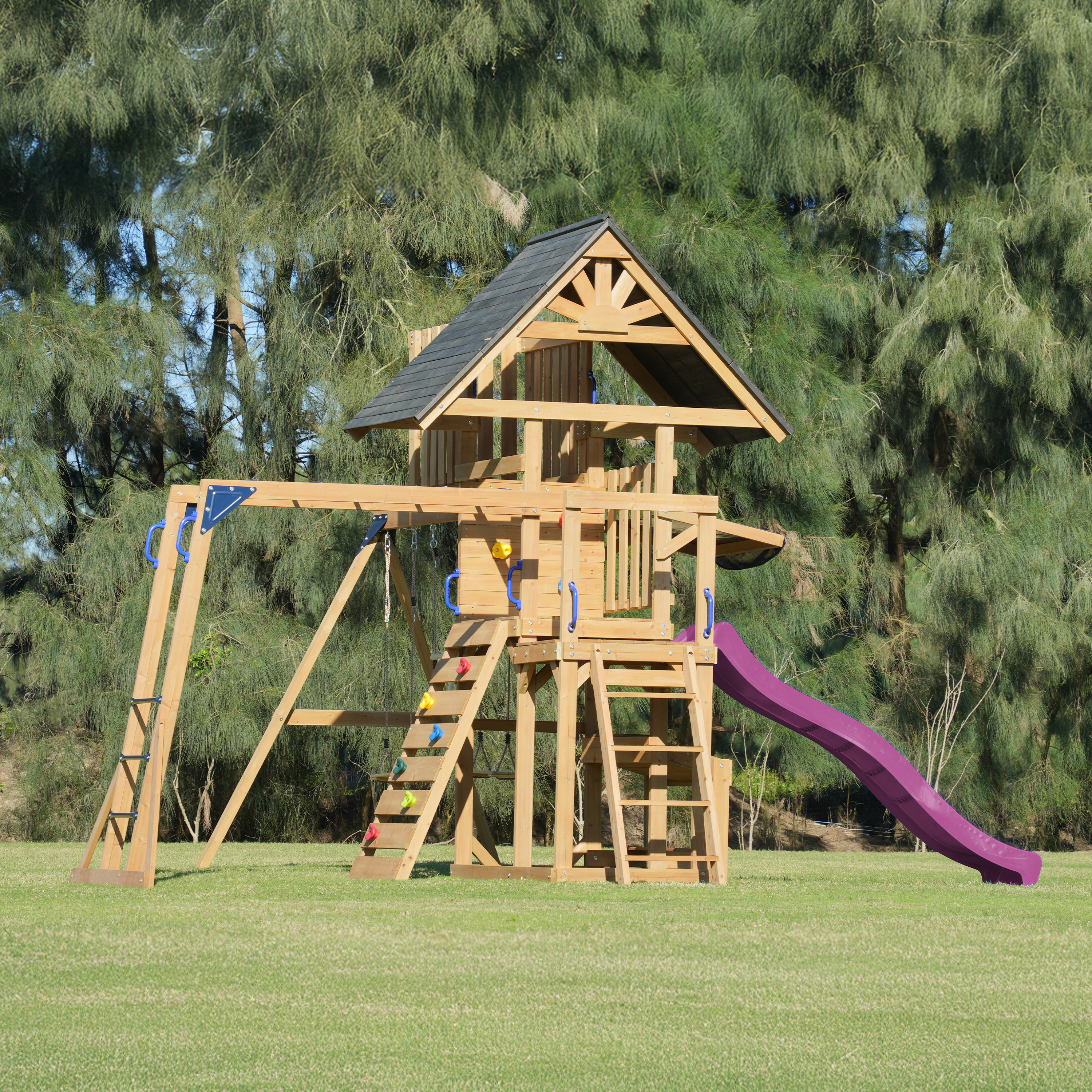 AXI Mitch Climbing Frame with Double Swing. Trapeze and Lookout Tower – Purple Slide