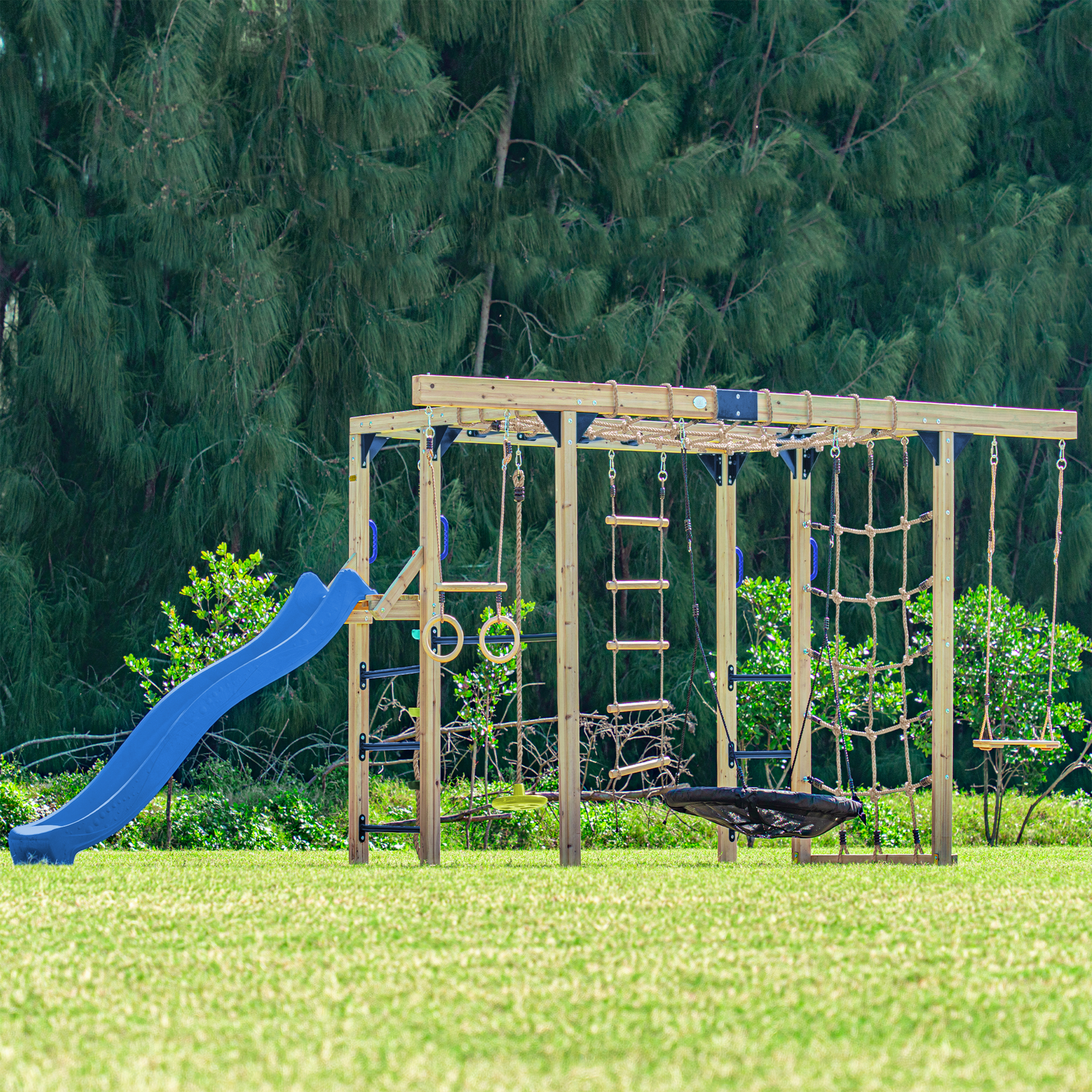 AXI Boris Wooden Playcentre with Swings. Trapeze. Climbing Nets and Monkey Bars – Blue Slide