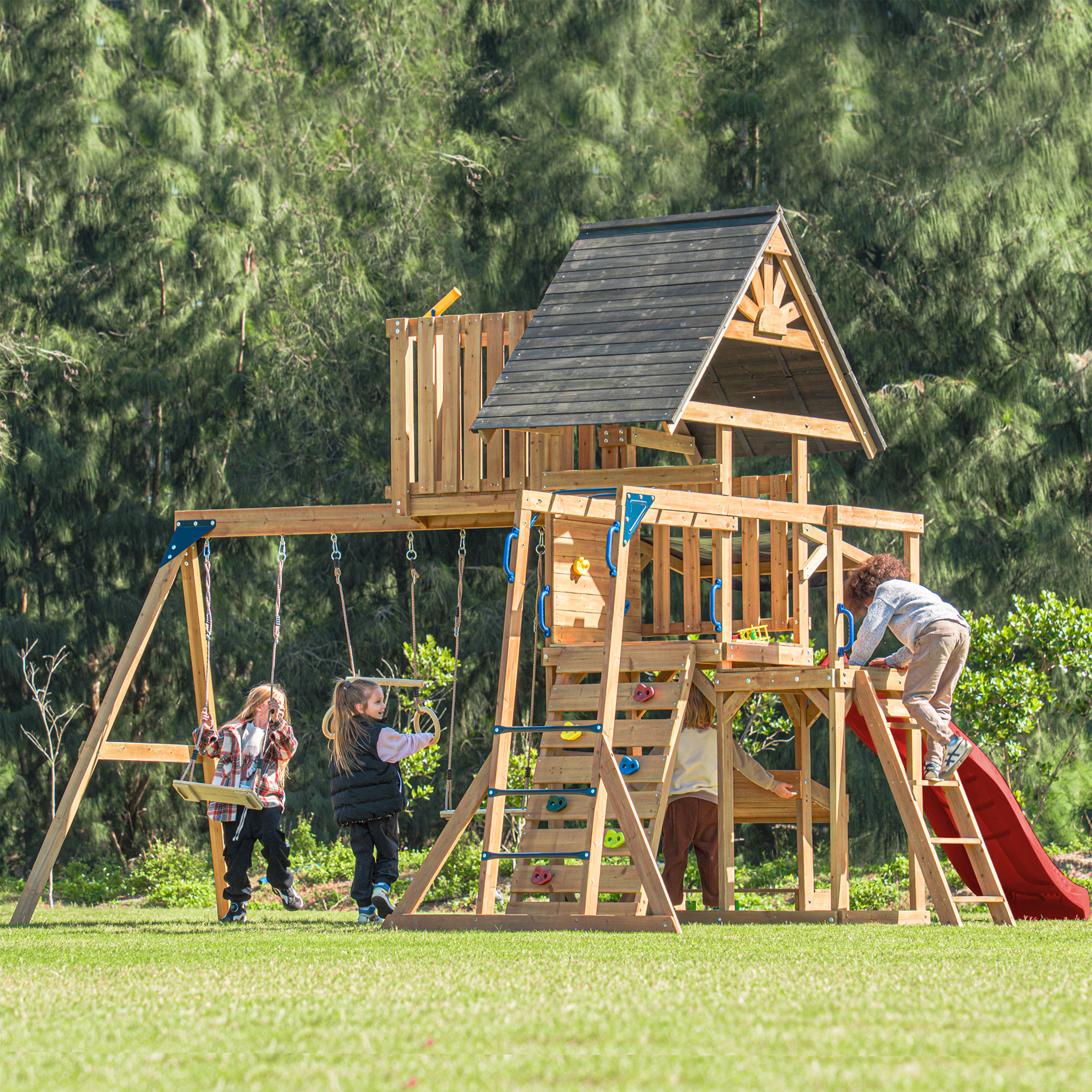 AXI Mitch Climbing Frame with Double Swing, Trapeze and Lookout Tower – Red Slide