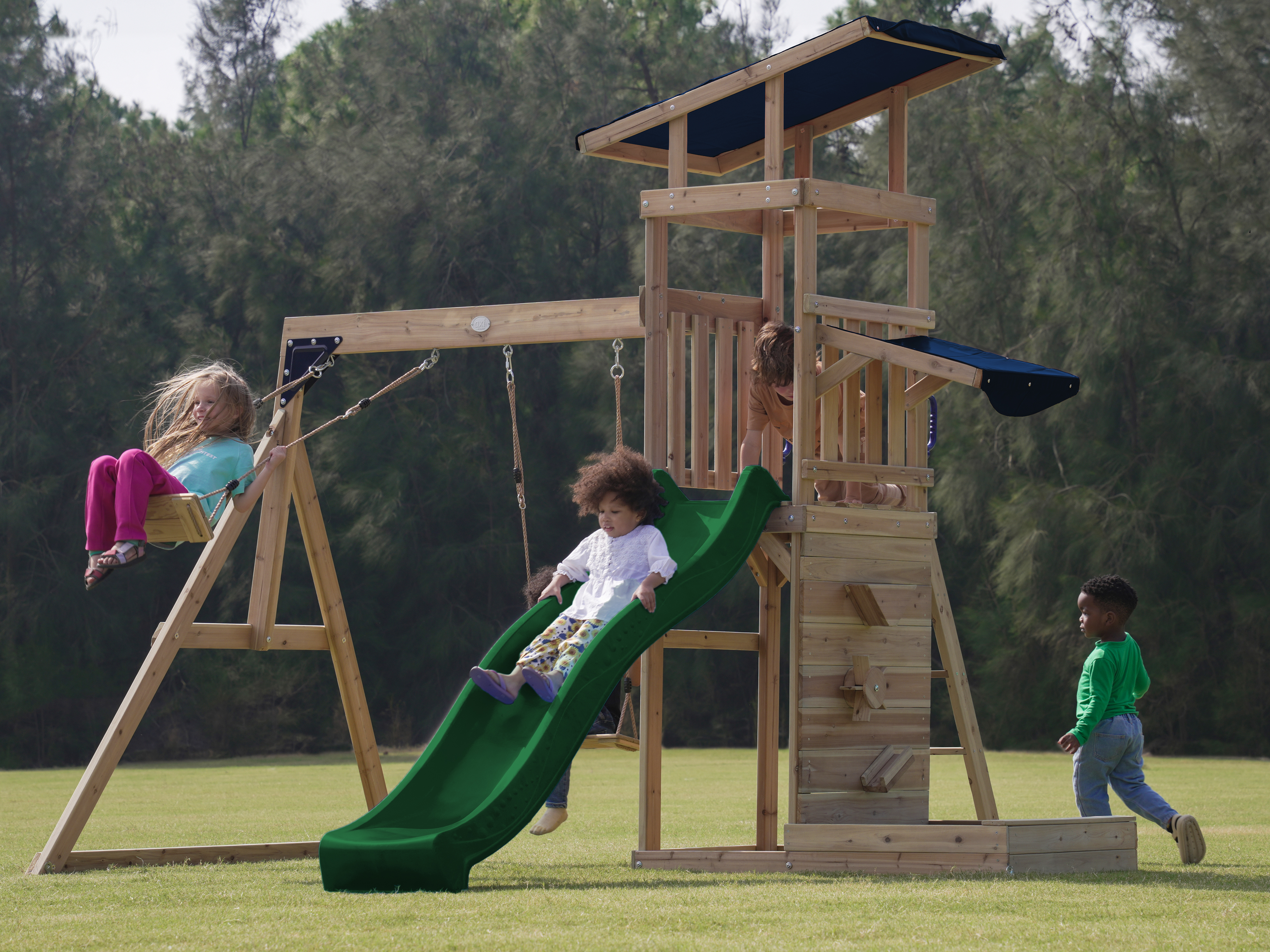 AXI Malik Climbing Frame with Double Swing Set - Green Slide