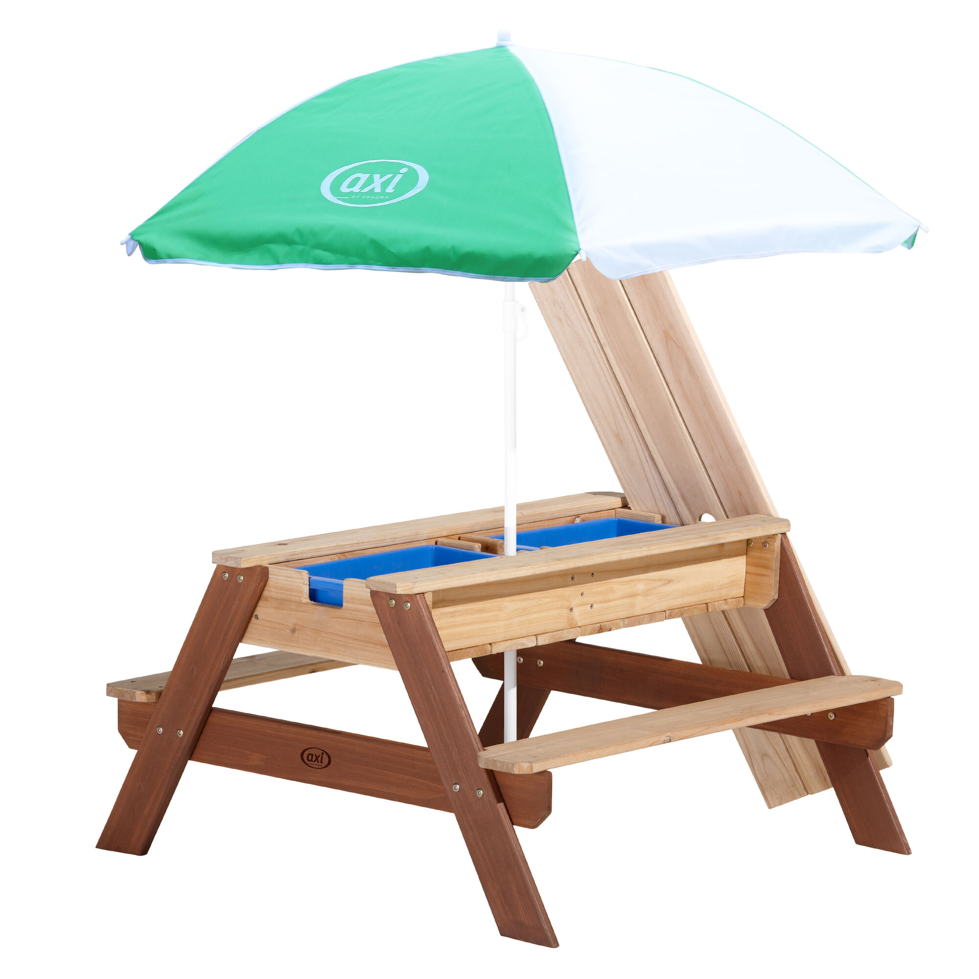 productfoto AXI Nick Zand & Water Picknicktafel Bruin - Parasol Groen/wit