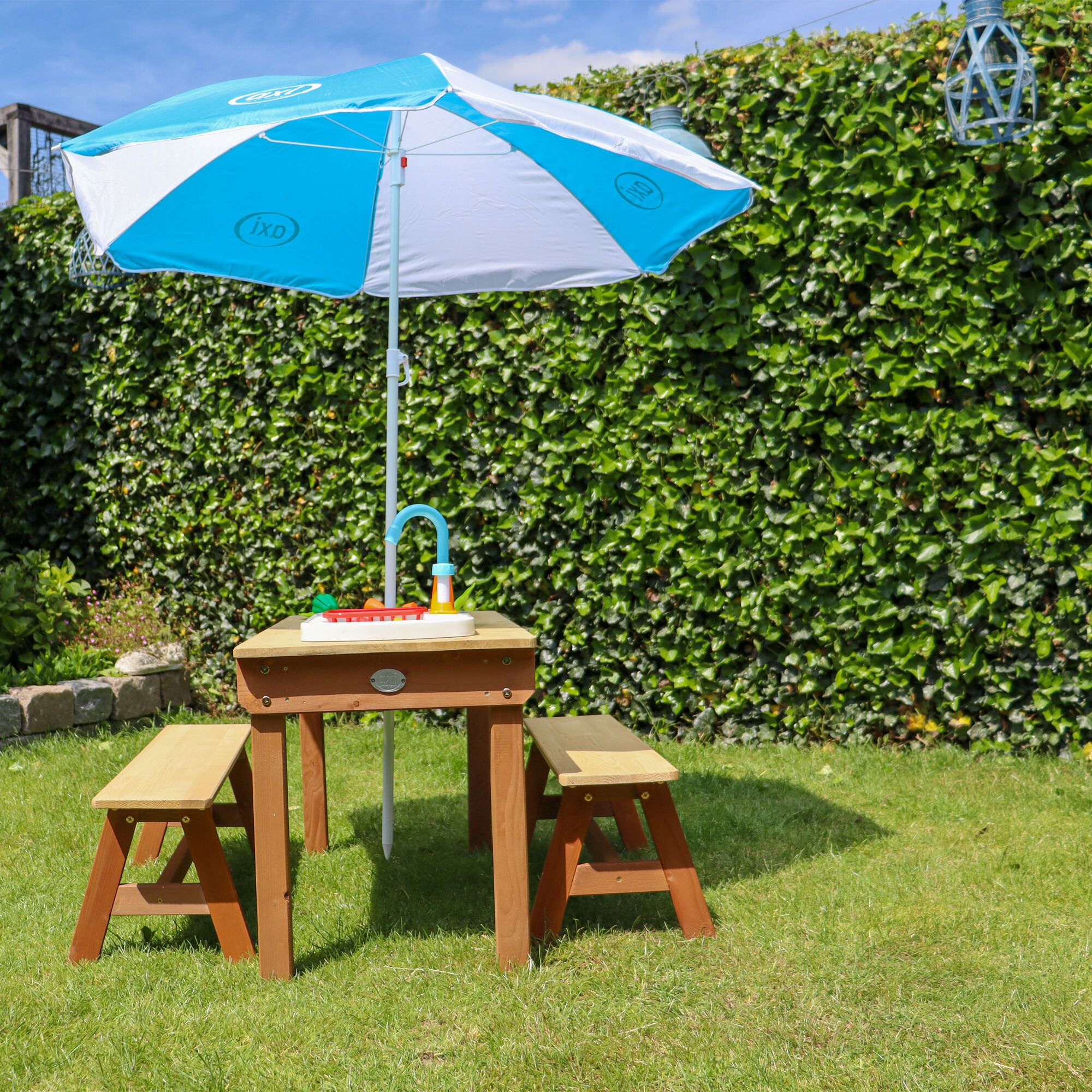 AXI Dennis Sand & Water Picnic Table with Play Kitchen Sink and Benches Brown - Umbrella Blue/White