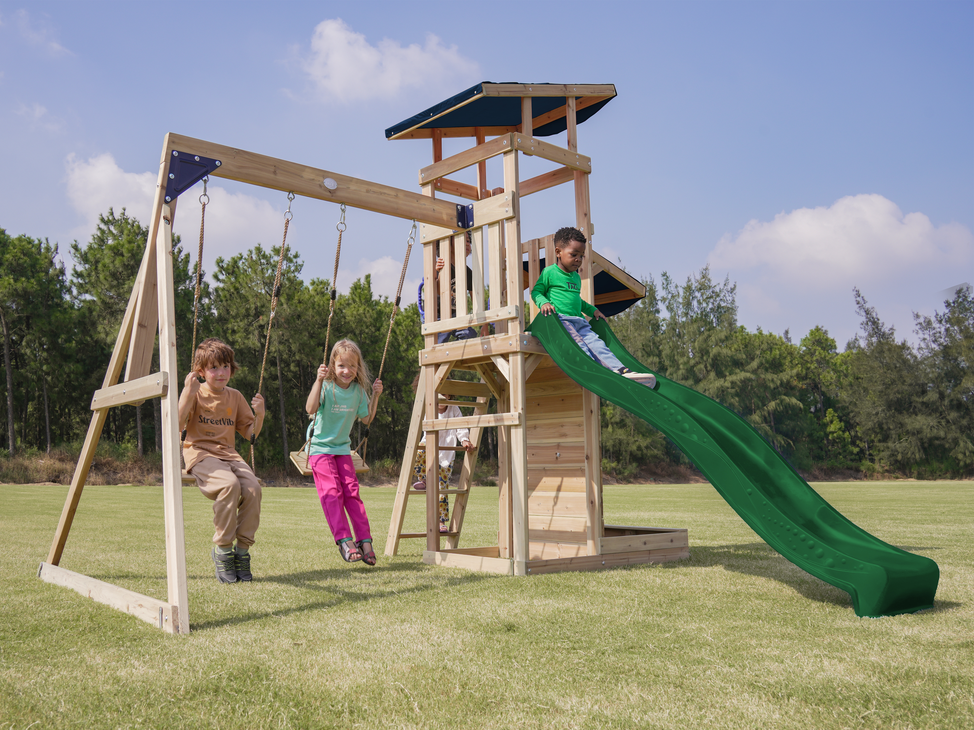 AXI Malik Climbing Frame with Double Swing Set - Green Slide