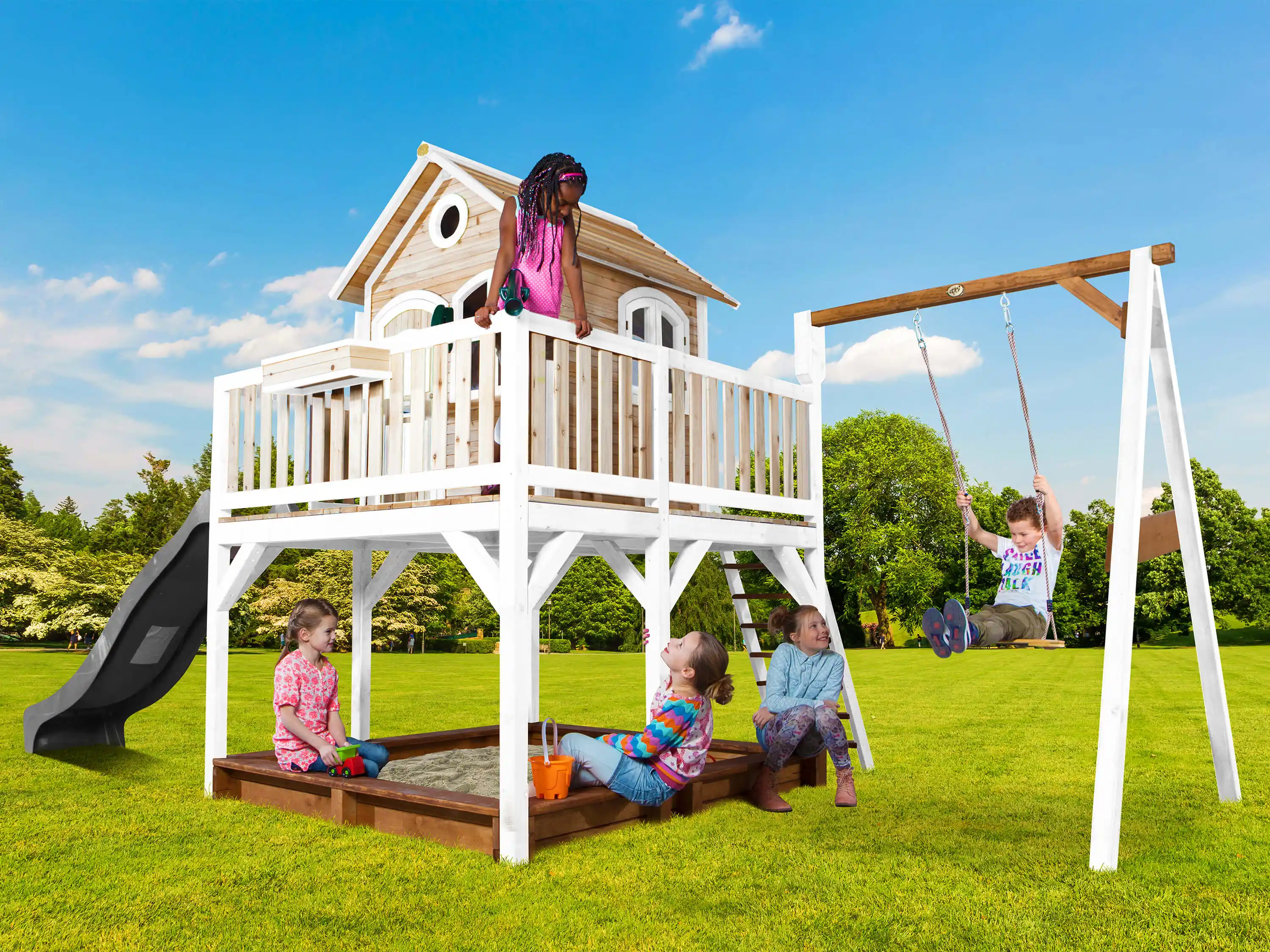 AXI Liam Playhouse with Single Swing Set Brown/White - Grey Slide