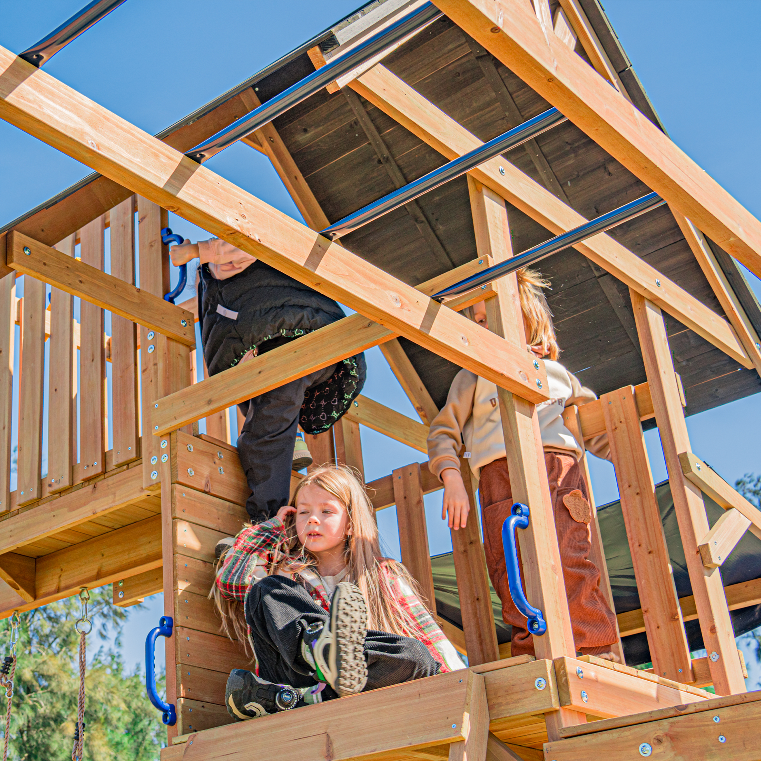 AXI Mitch Climbing Frame with Double Swing. Trapeze and Lookout Tower – Red Slide