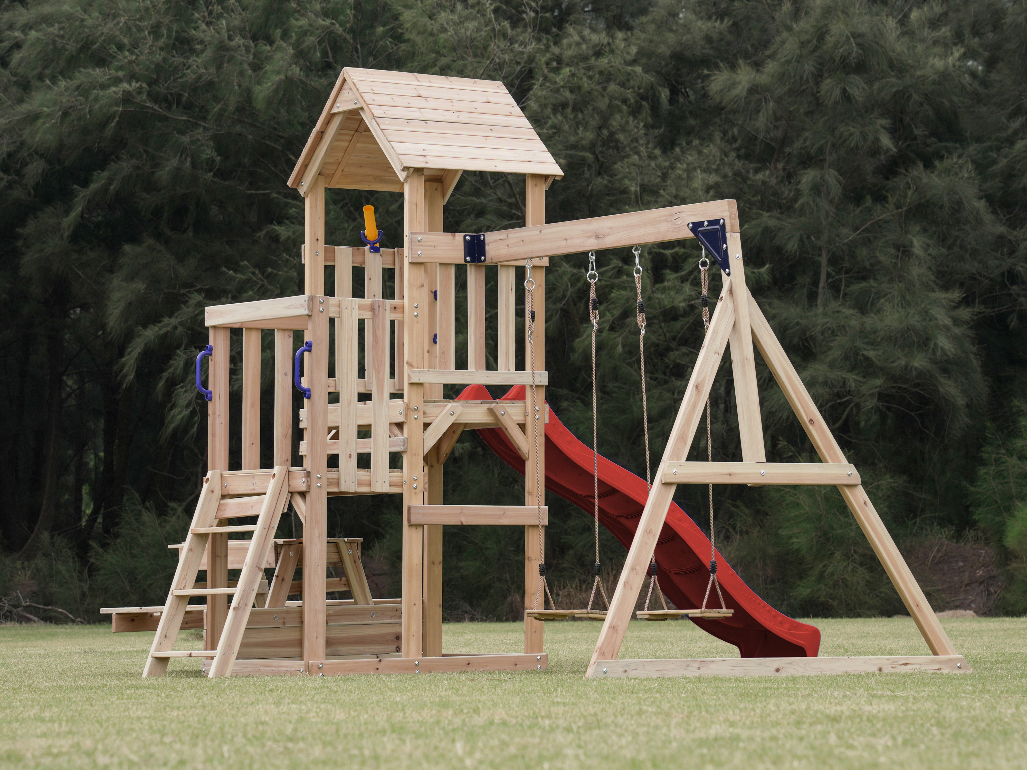 AXI Mette Climbing Frame with Double Swing Set and Picnic Table - Red Slide