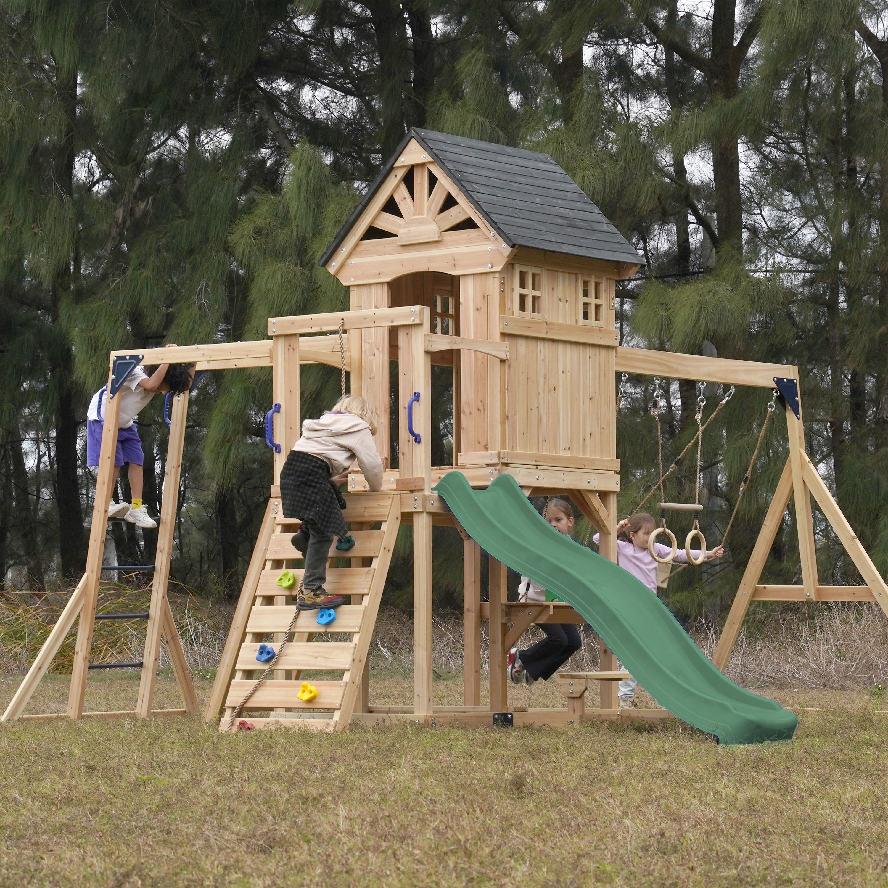 AXI Duncan Climbing Frame with Swings, Climbing Frames and Monkey Bars – Green Slide