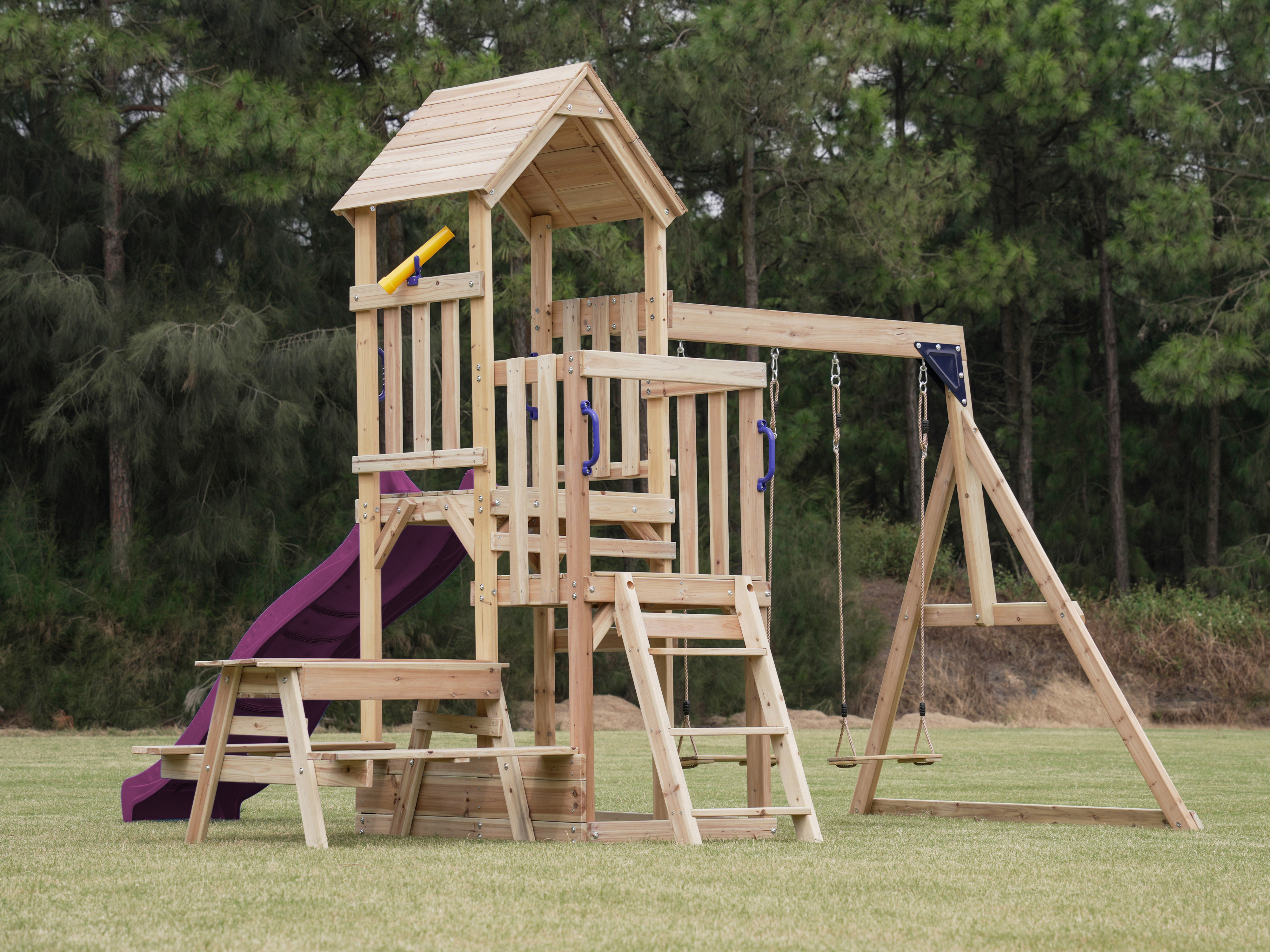 AXI Mette Climbing Frame with Double Swing Set and Picnic Table - Purple Slide