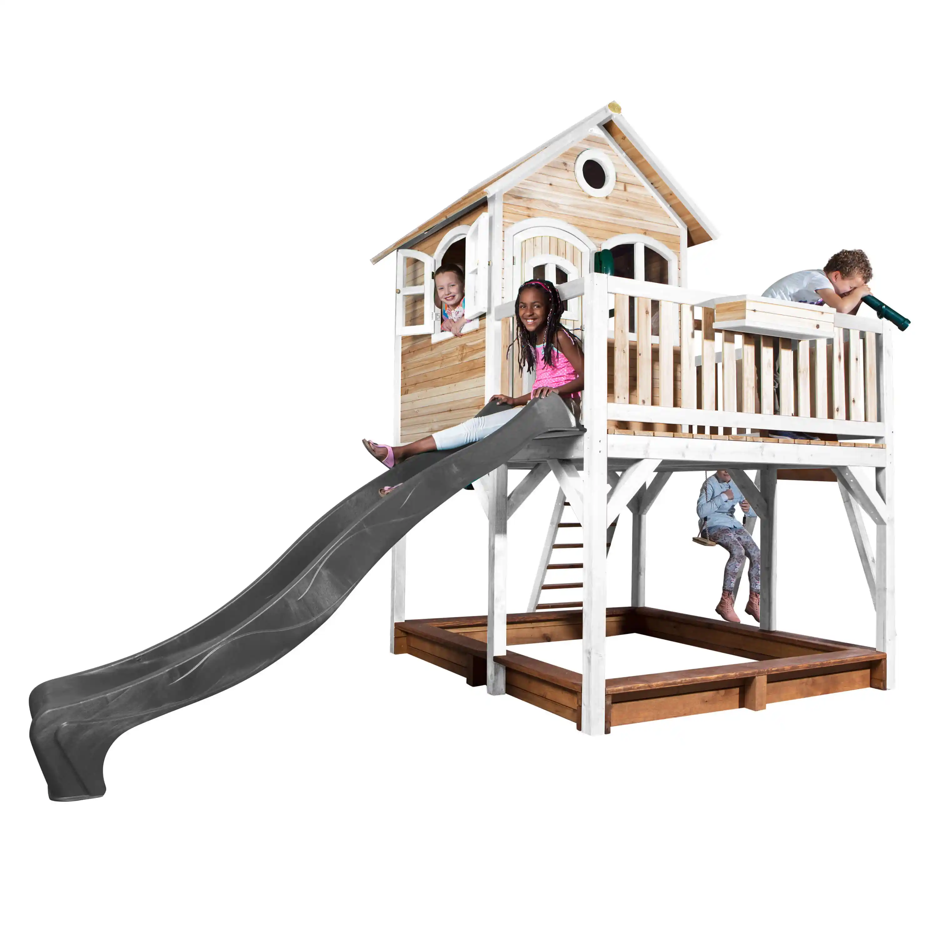 AXI Liam Playhouse with Single Swing Set Brown/White - Grey Slide