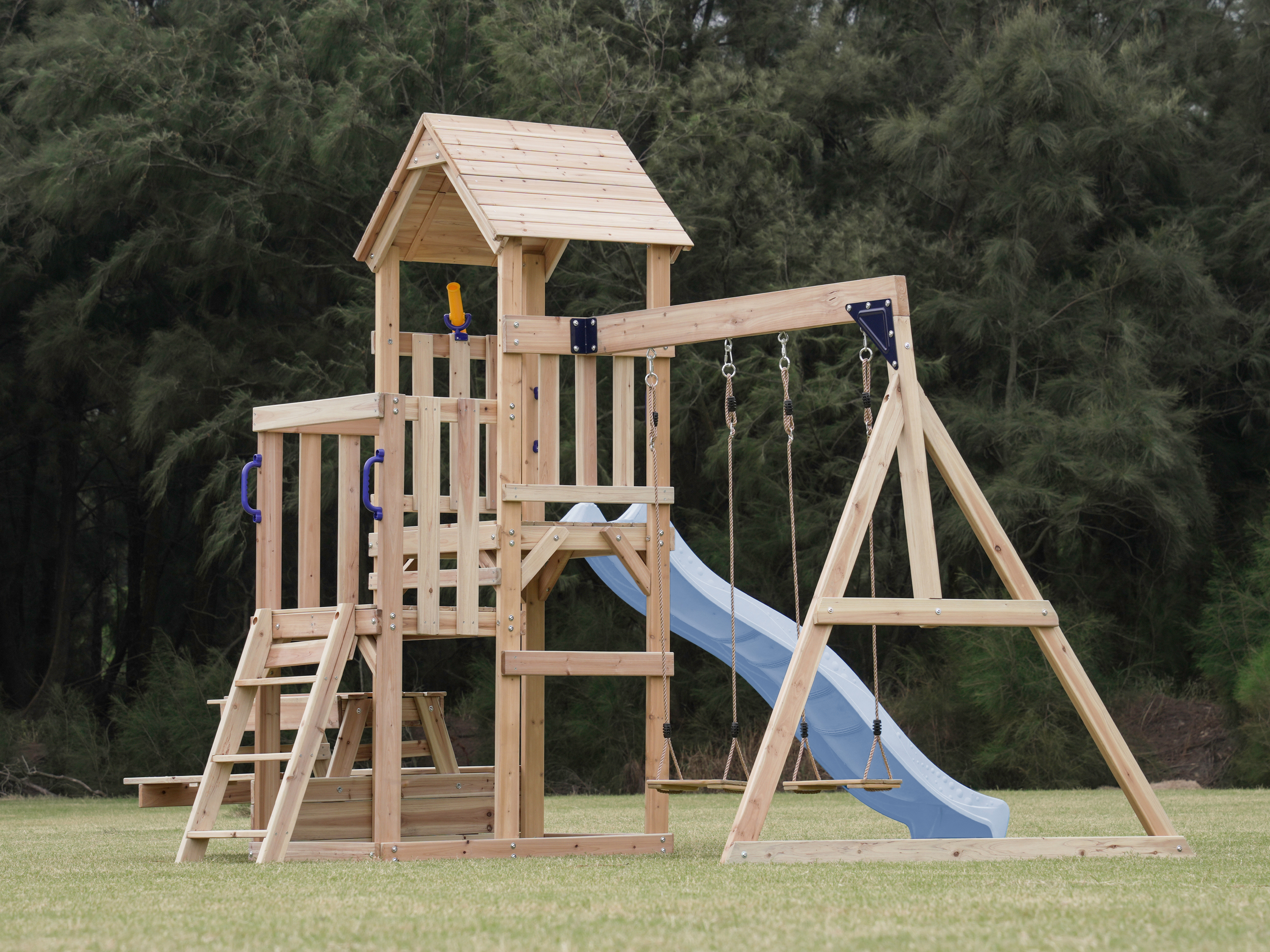 AXI Mette Climbing Frame with Double Swing Set and Picnic Table - Pastel Blue Slide