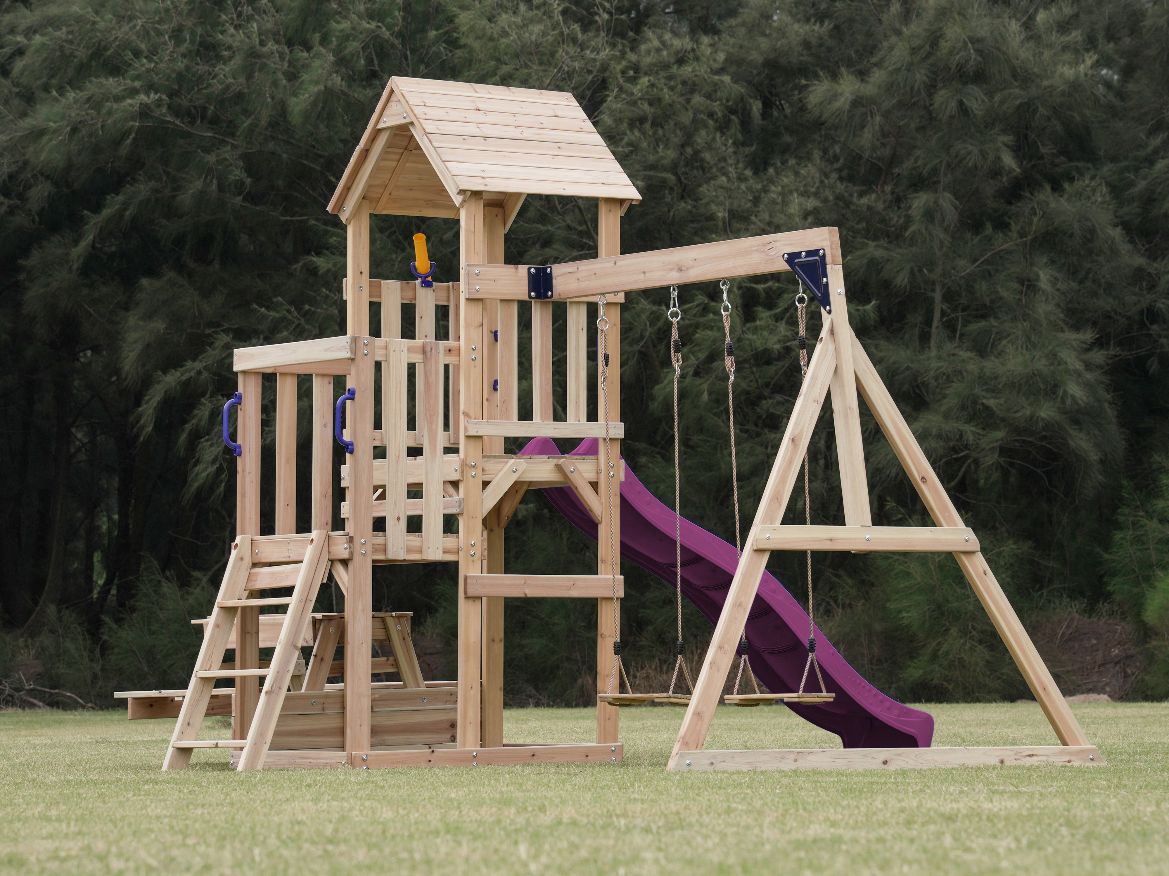 AXI Mette Climbing Frame with Double Swing Set and Picnic Table - Purple Slide