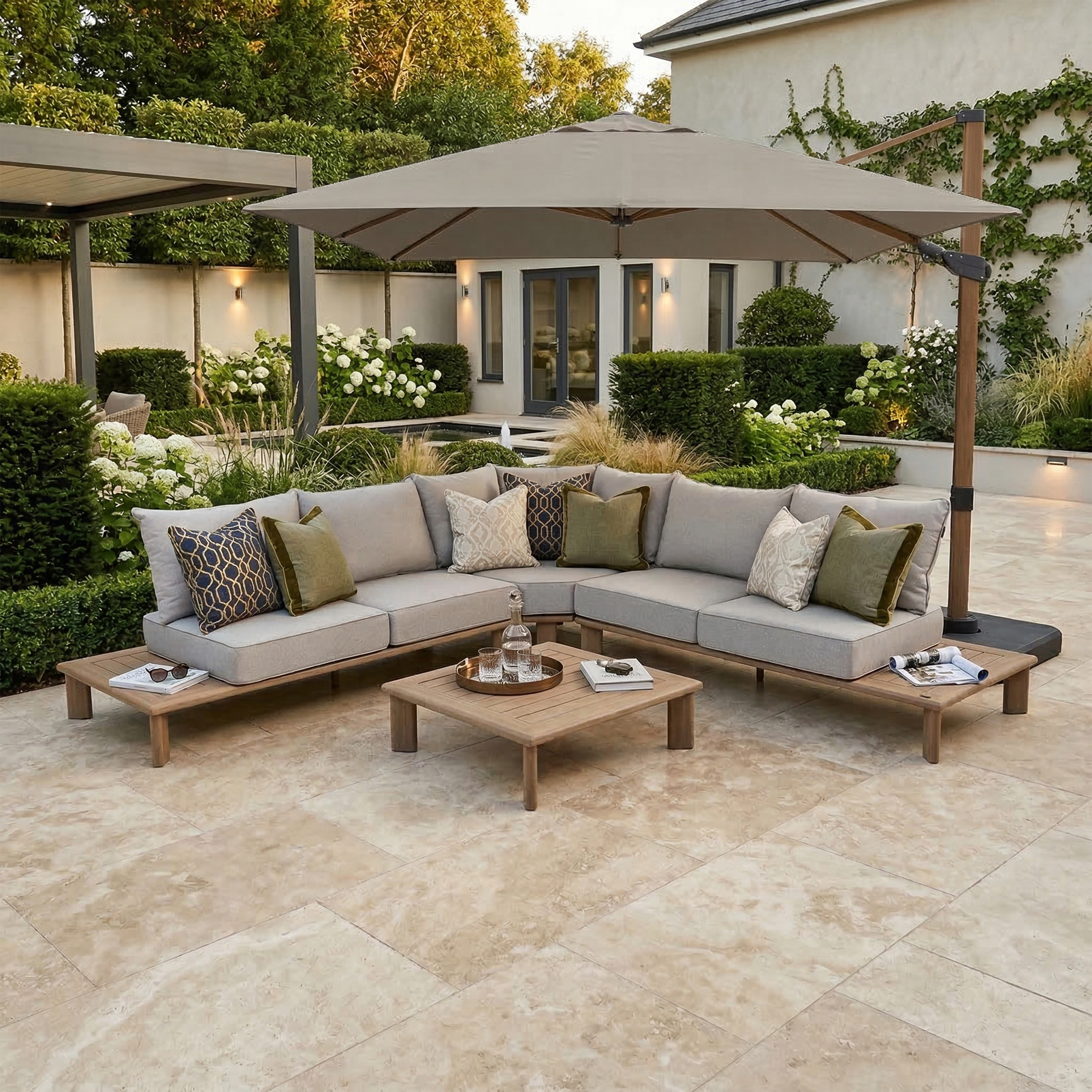 AXI Apollo Premium Cantilever Parasol 300x300cm incl. granite base with wheels Oaklook/Taupe – Complete set