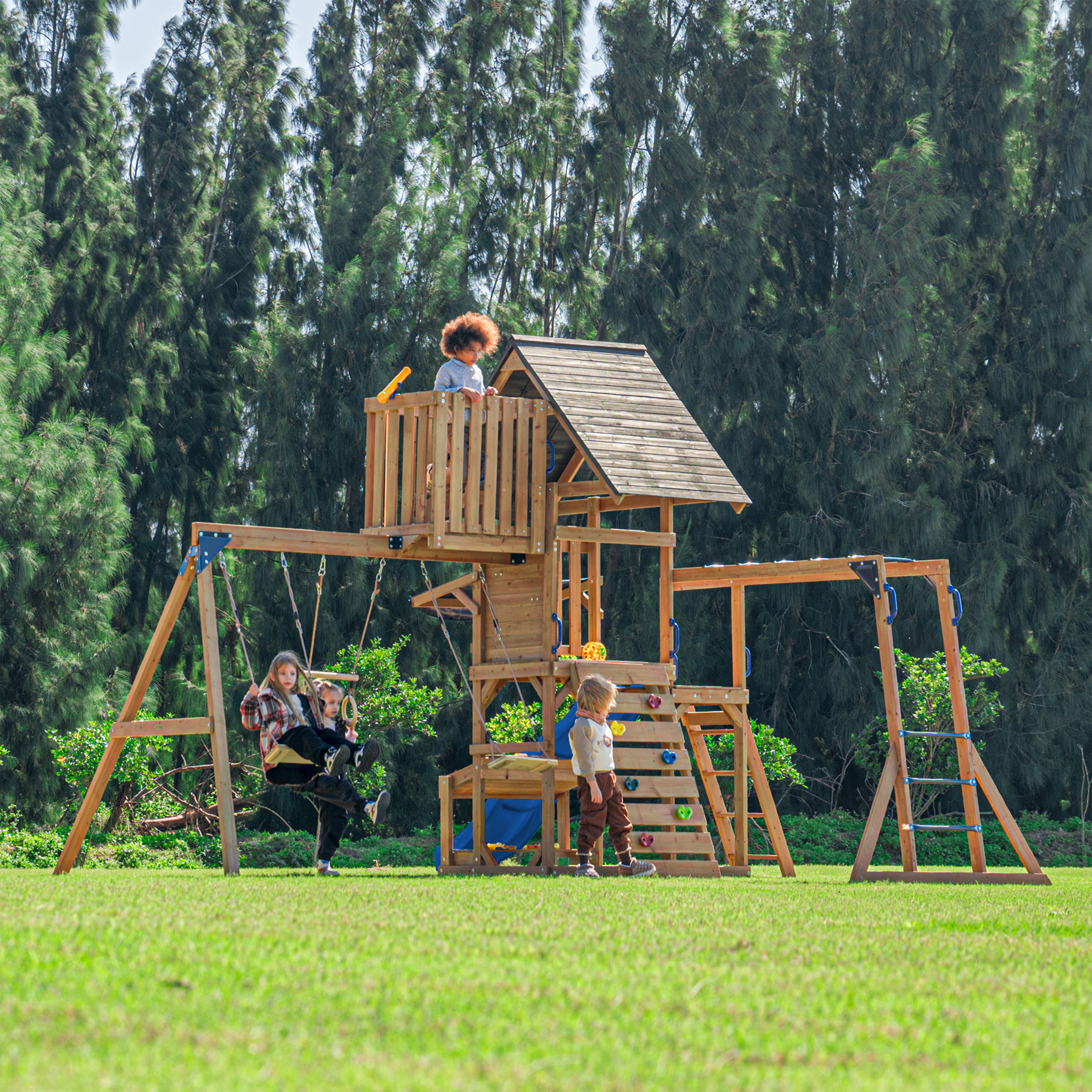 AXI Mitch Climbing Frame with Double Swing, Trapeze and Lookout Tower – Blue Slide