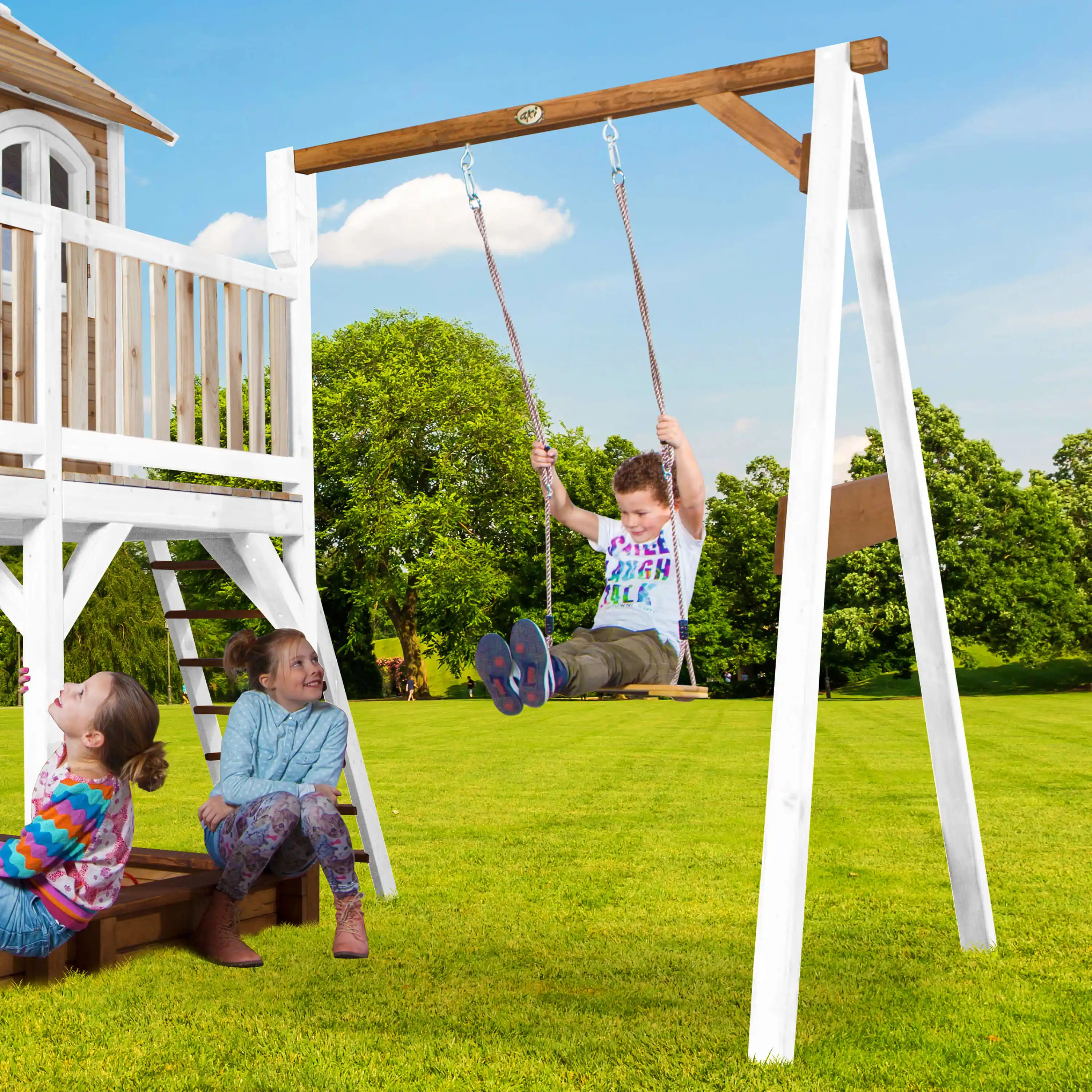 AXI Liam Playhouse with Single Swing Set Brown/White - Grey Slide