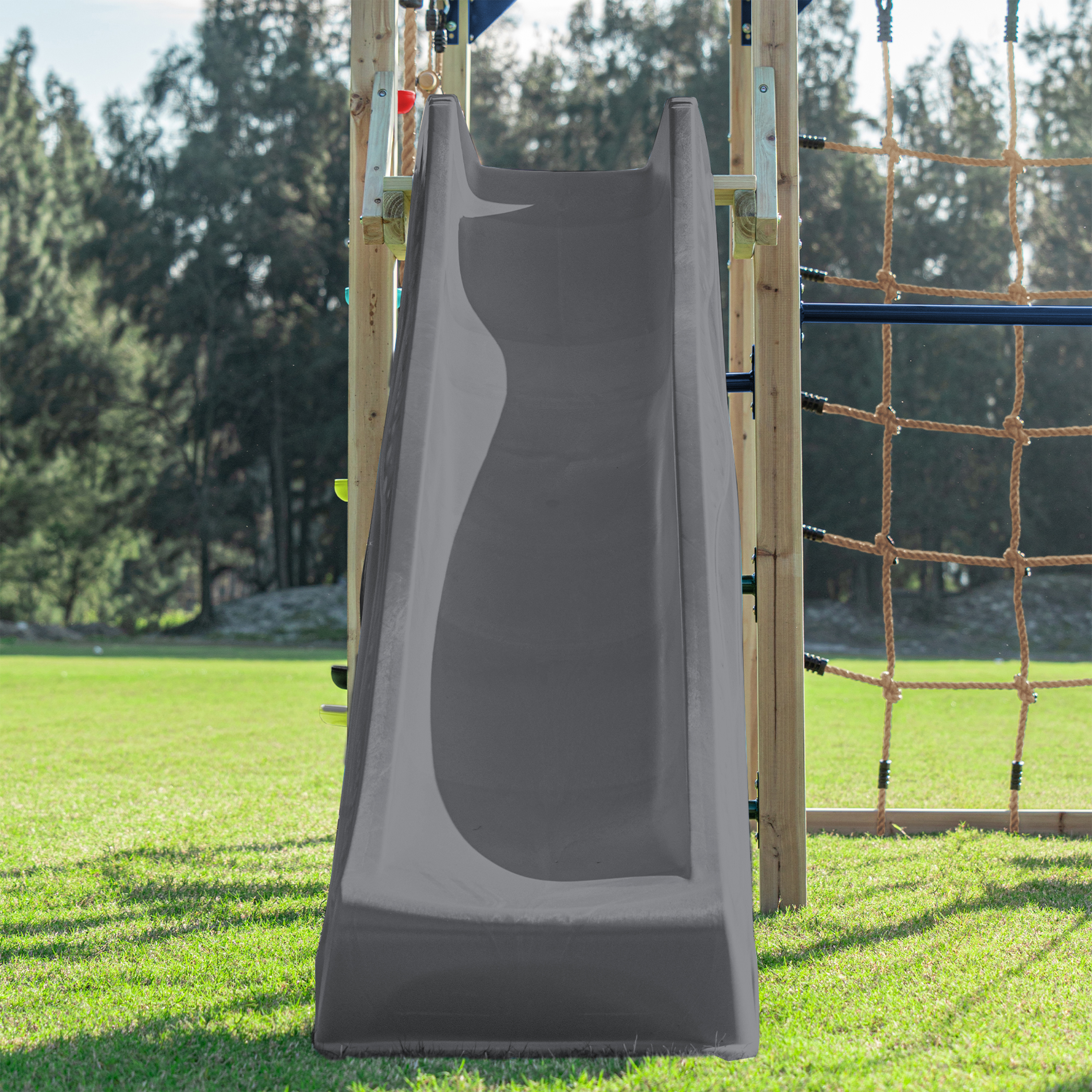 AXI Boris Wooden Playcentre with Swings. Trapeze. Climbing Nets and Monkey Bars – Grey Slide