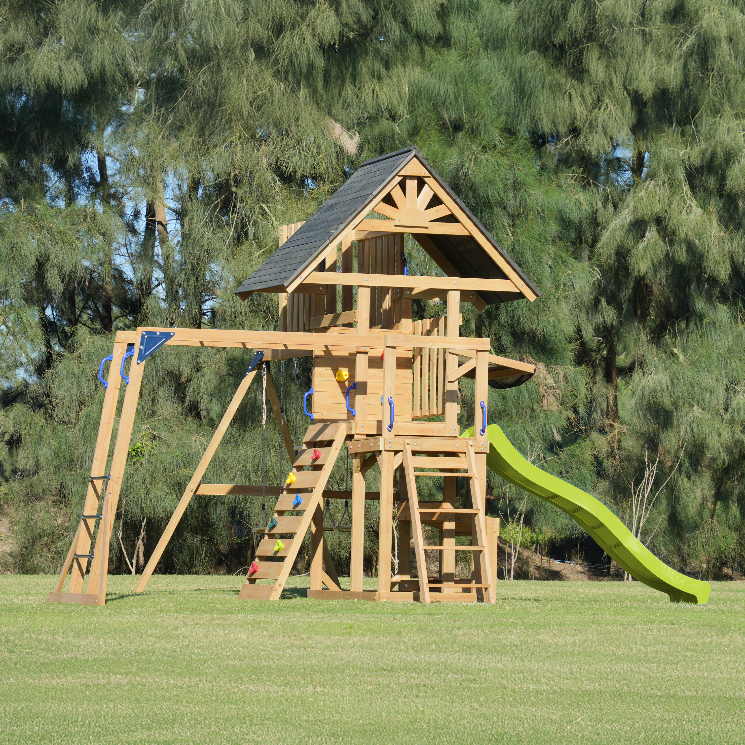 AXI Mitch Climbing Frame with Double Swing, Trapeze and Lookout Tower – Lime Green Slide