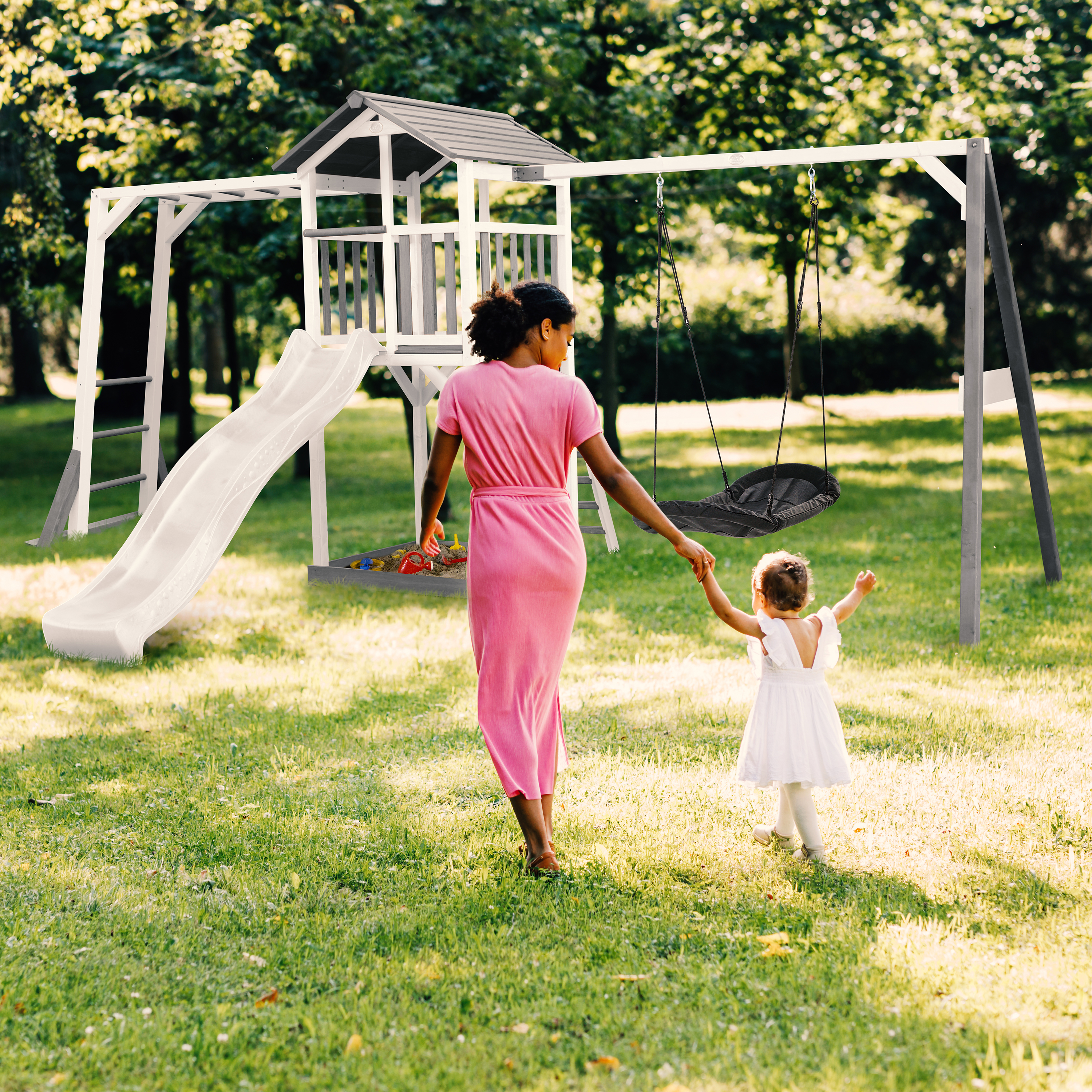AXI Beach Tower with Climbing Frame and Roxy Nest Swing Set Grey/White - White Slide