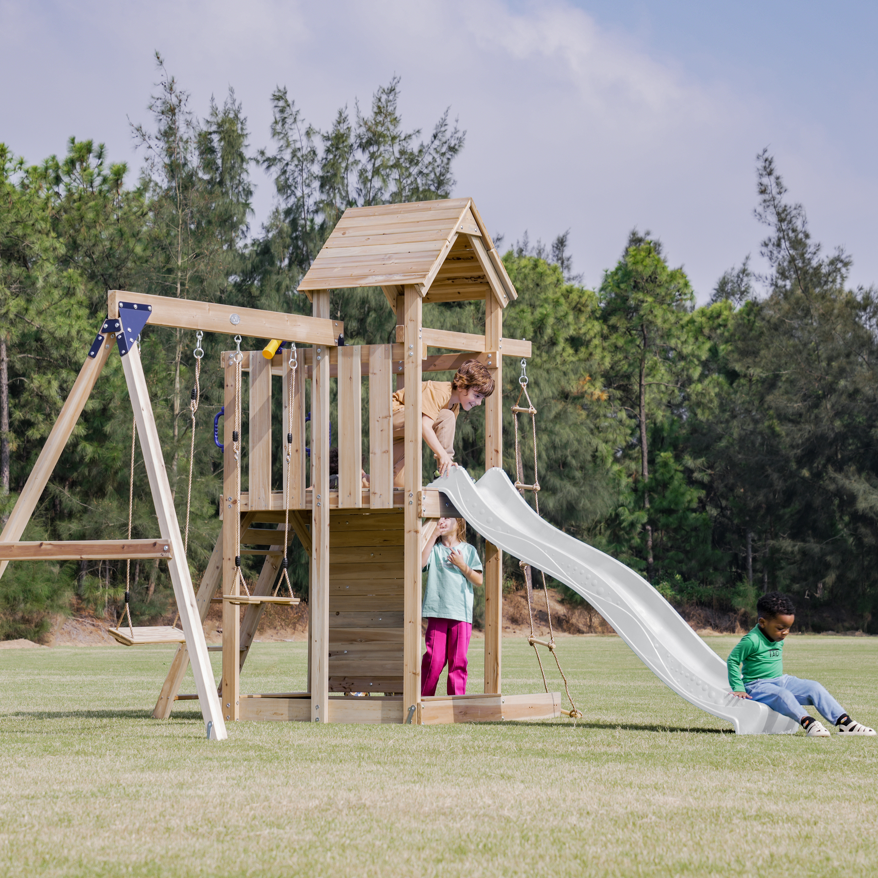 AXI Moos Climbing Frame with Double Swing Set - White Slide