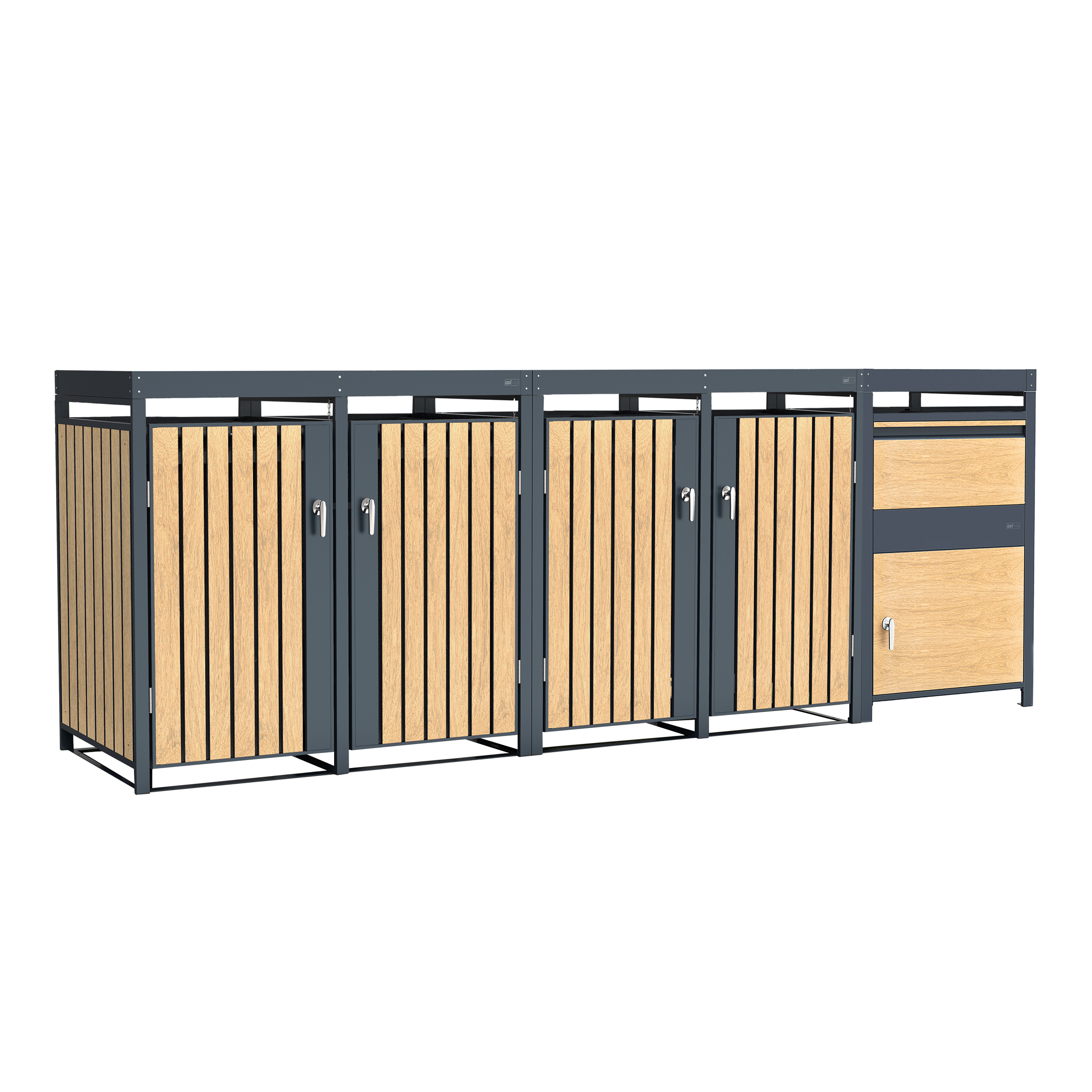 AXI Leon Bin Storage with Louis Parcel Postbox Anthracite/Wood Look – 4 Garbage Bins