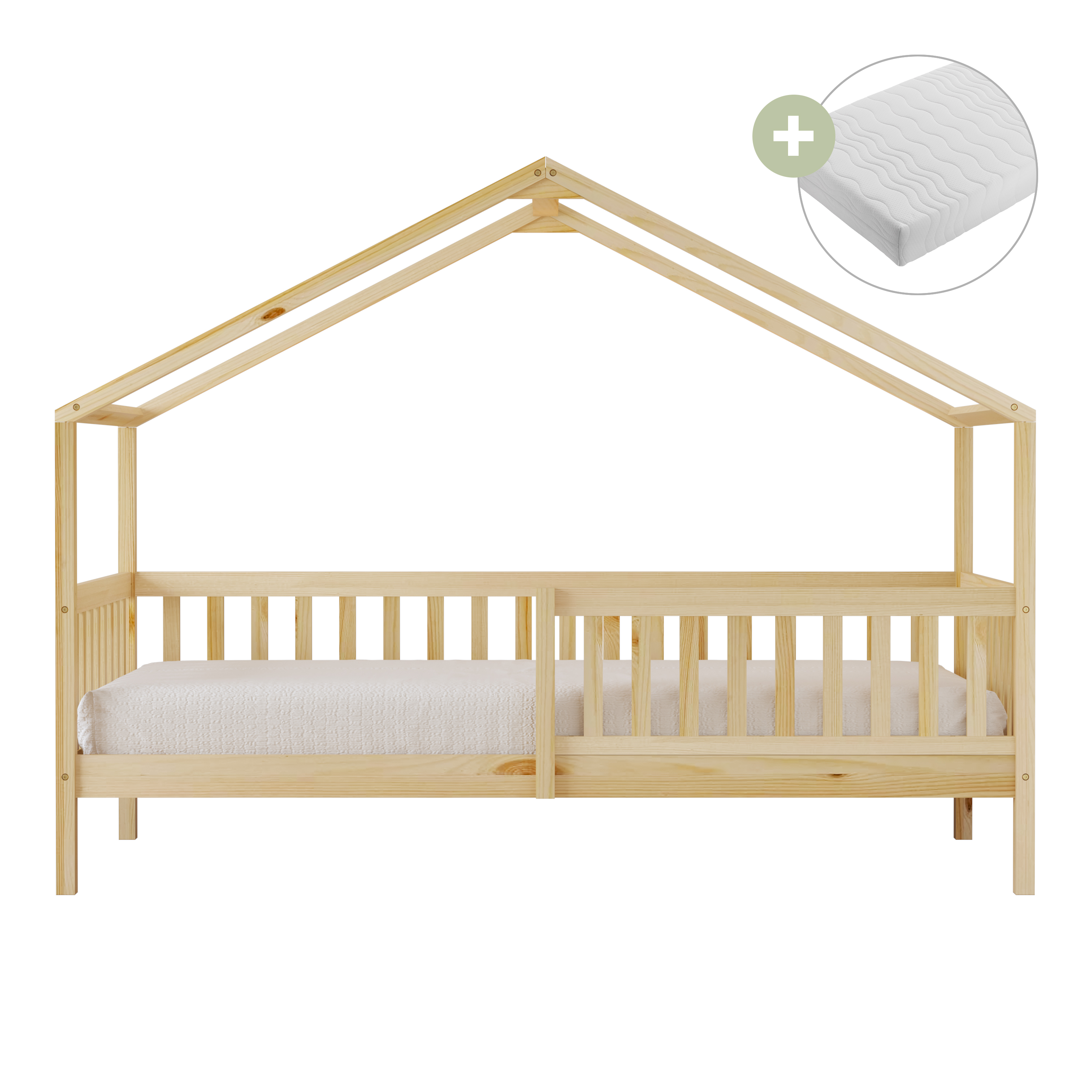 Sunny Kae House Bed with Guardrail Natural – With Mattress