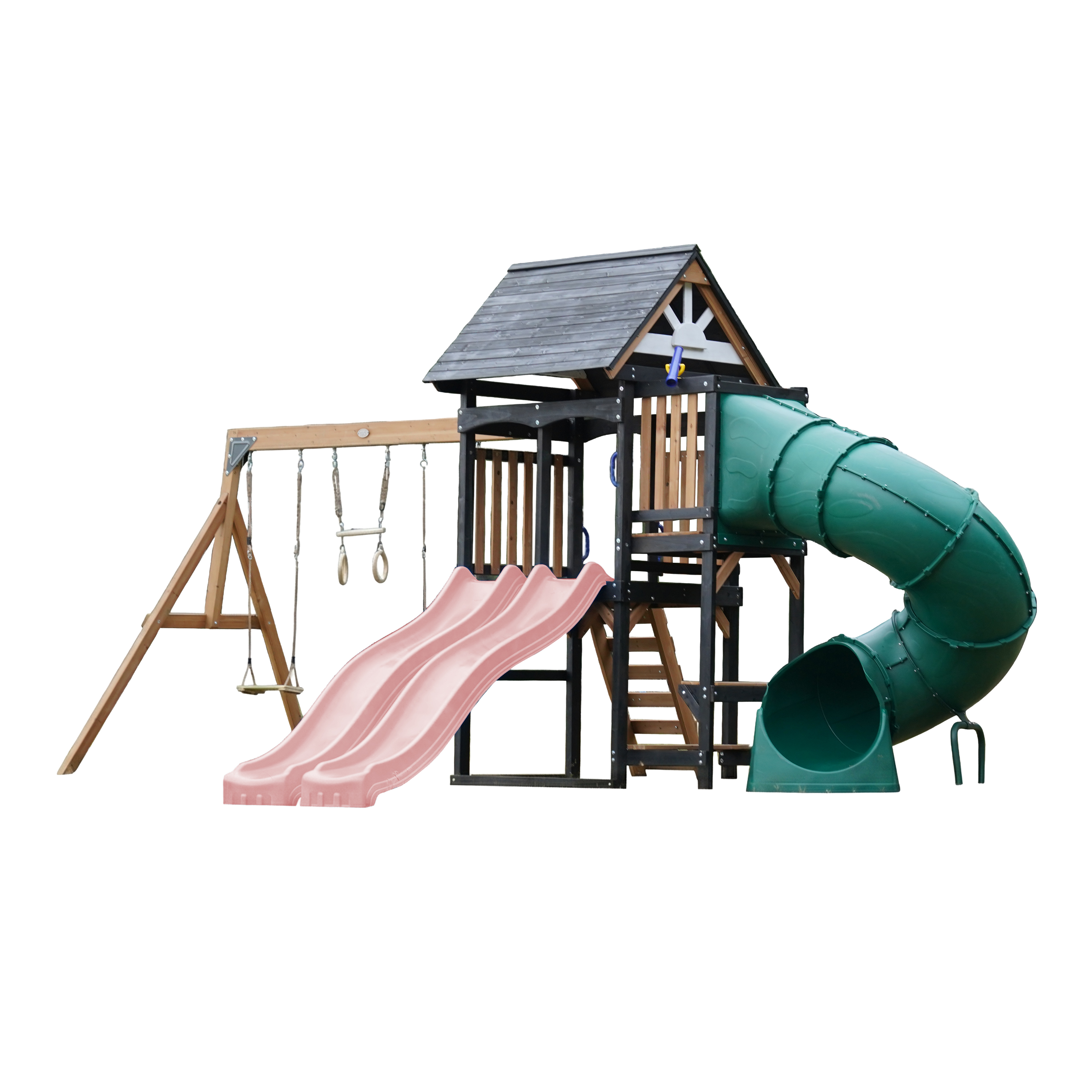 AXI Cody Climbing Frame with Swings. Trapeze and Climbing Wall – Pastel Pink Double Slide and Tube Slide