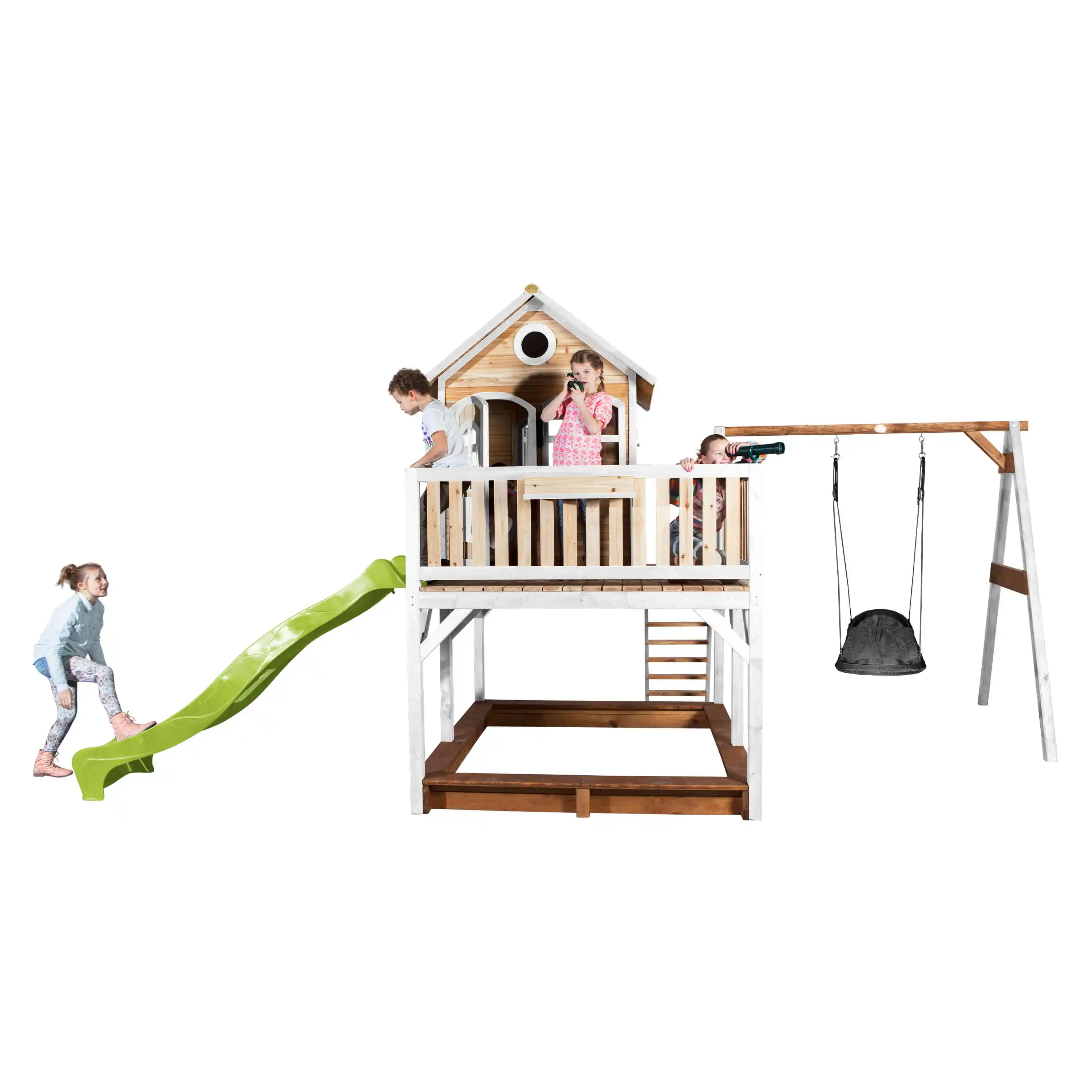 AXI Liam Playhouse with Roxy Nest Swing Set Brown/White - Lime Green Slide