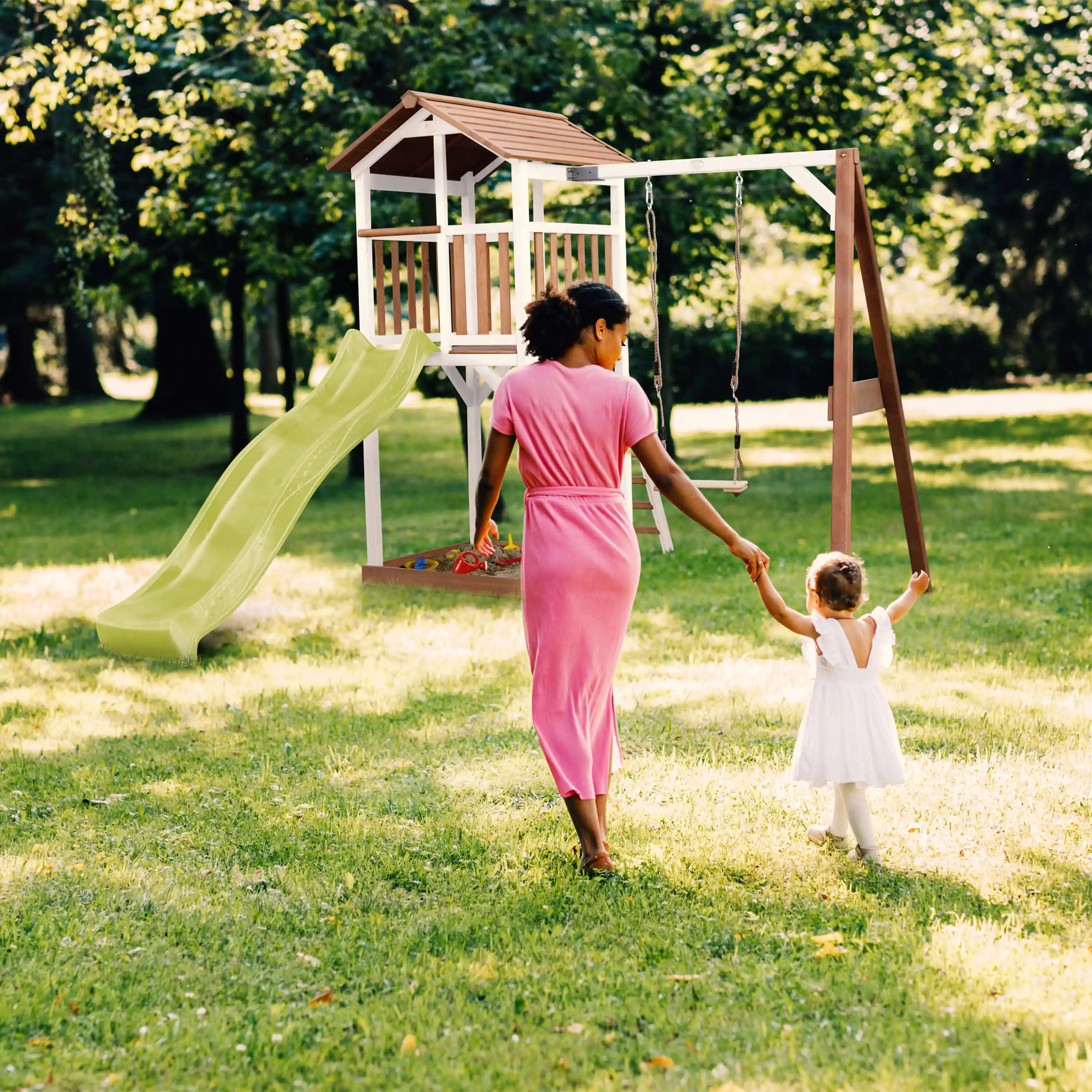 AXI Beach Tower with Single Swing Set Brown/White - Lime Green Slide