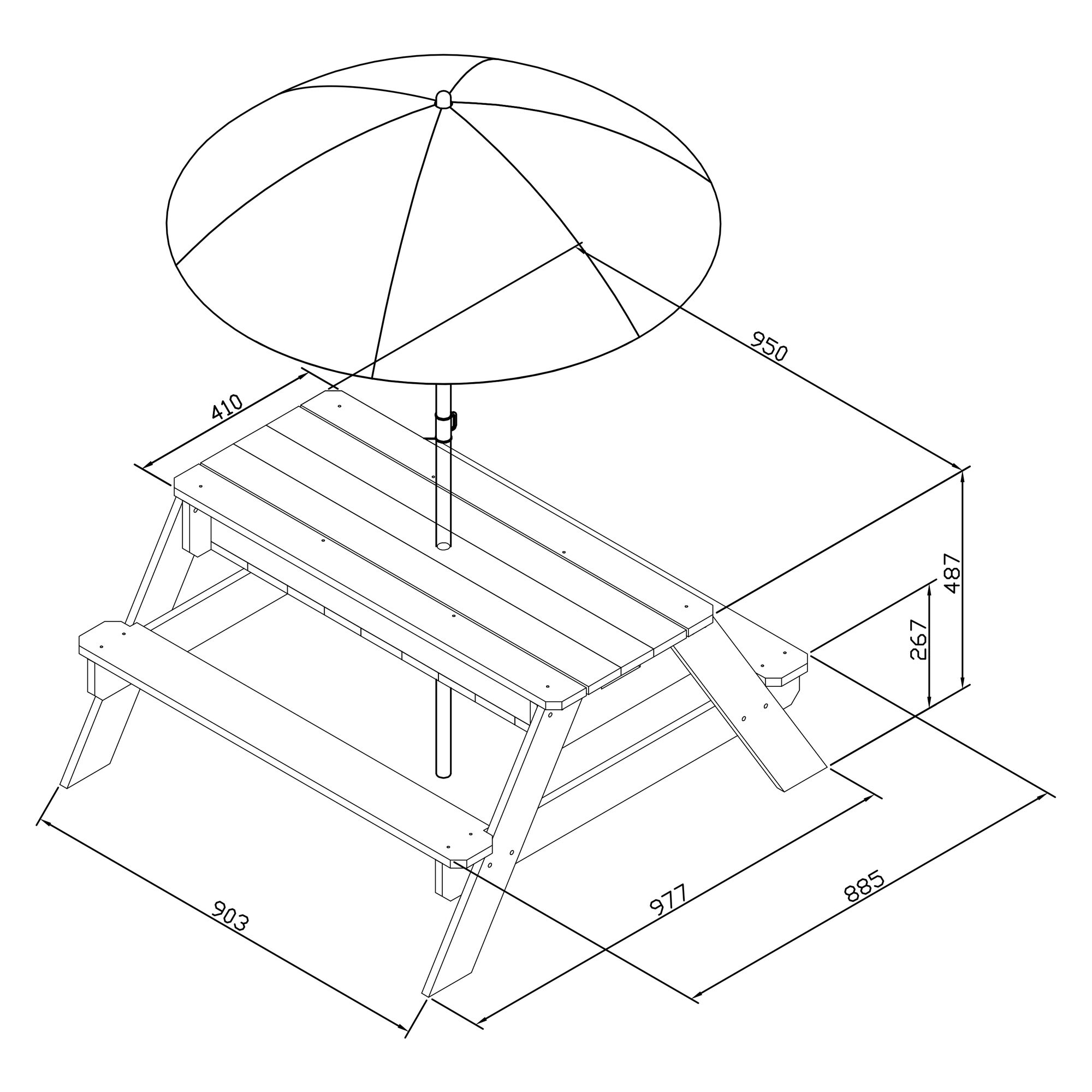 maattekening AXI Nick Zand & Water Picknicktafel Bruin - Parasol Blauw/wit - FSC Hout