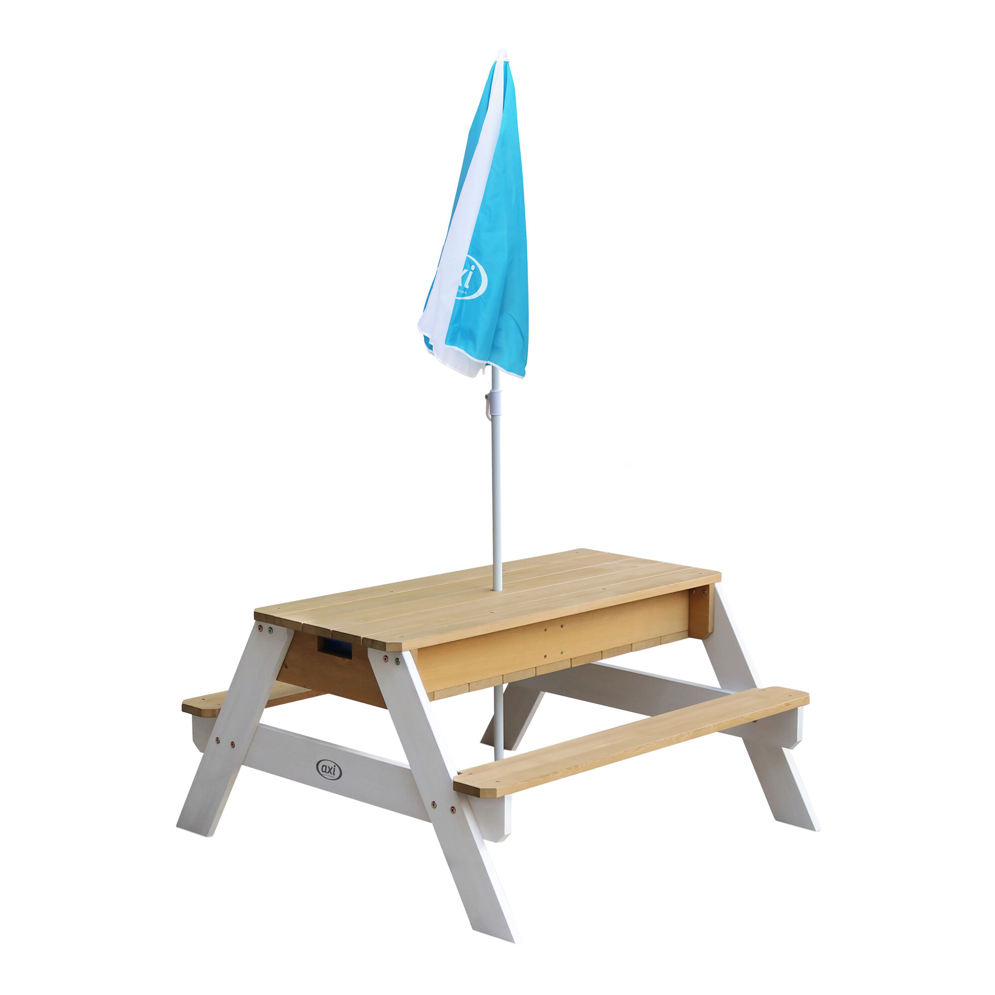 productfoto AXI Nick Zand & Water Picknicktafel Bruin/wit - Incl. hoogte verstelbare Parasol - FSC 100% Hout