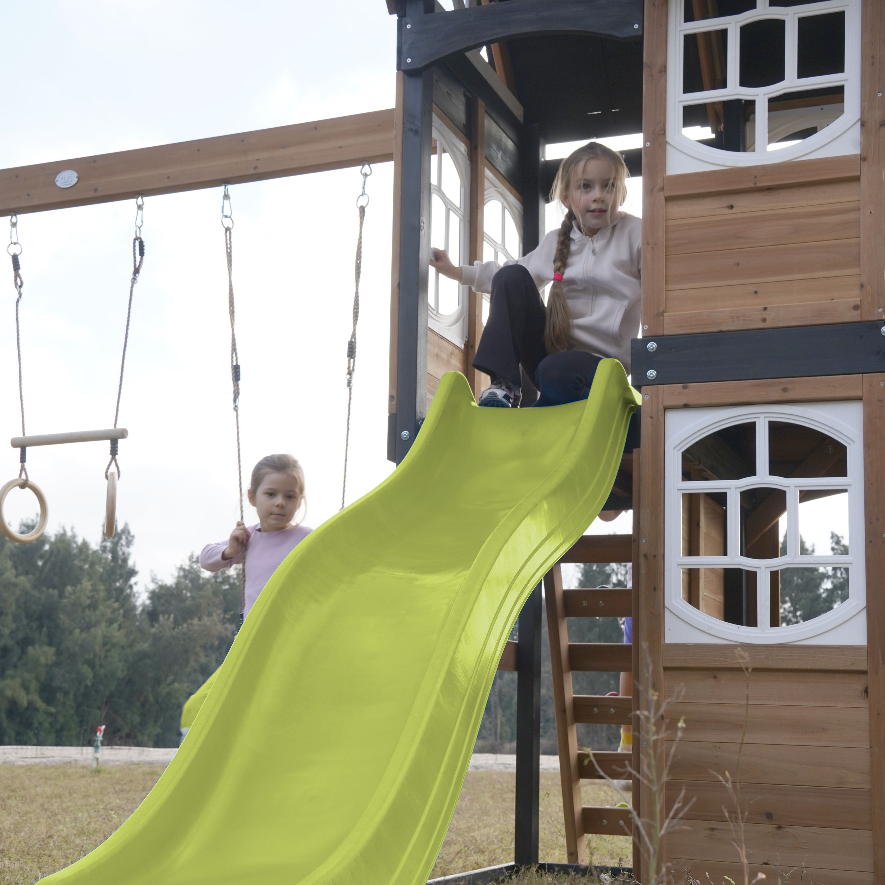 AXI Noud Climbing Frame with Playhouse, Swings, Trapeze and Climbing Wall – Lime Green Slide and Tube Slide